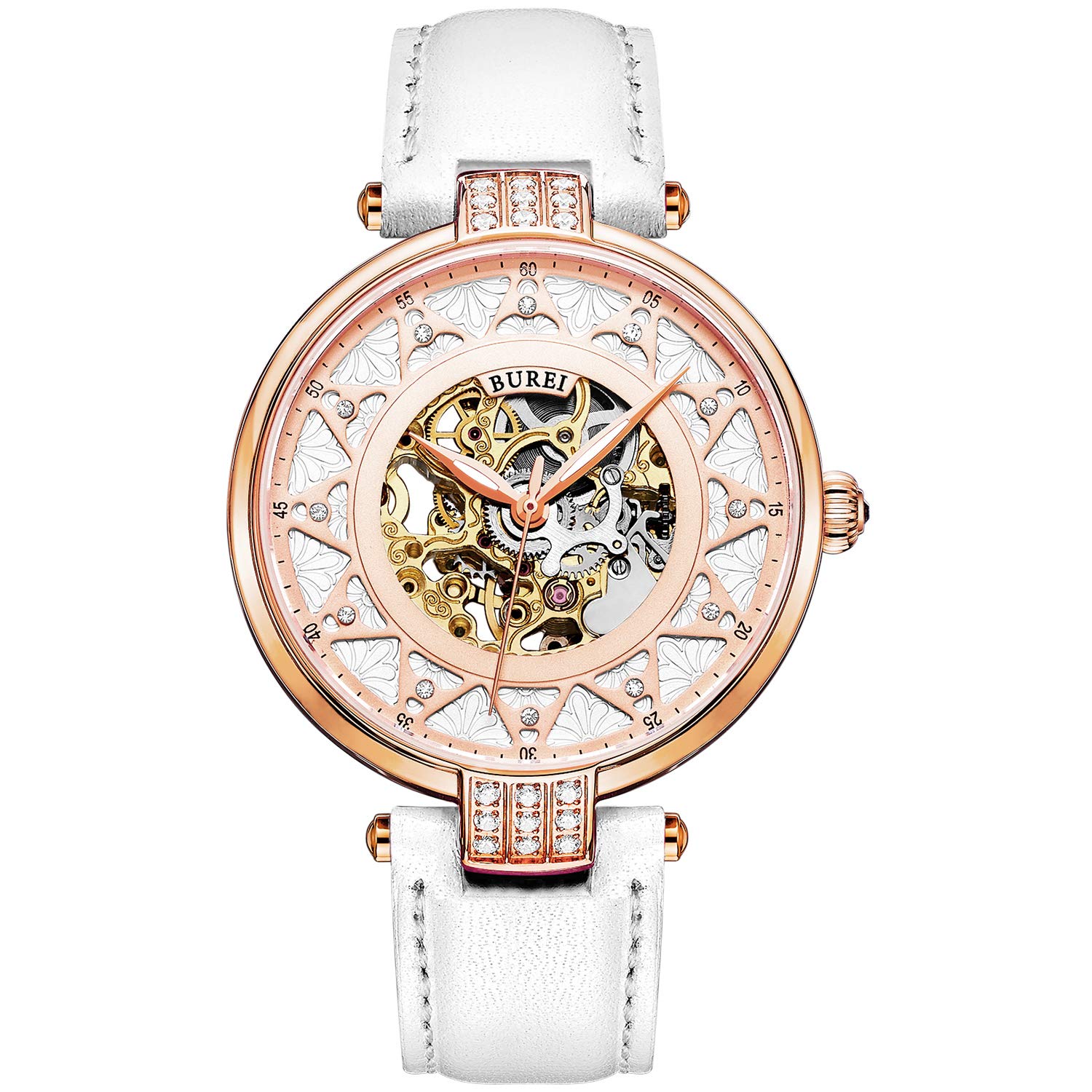 BUREI Women's Automatic Skeleton Watch - Sapphire Crystal Glass, Genuine Leather Strap - Elegant Dress Watch for Business, Party & Everyday Wear