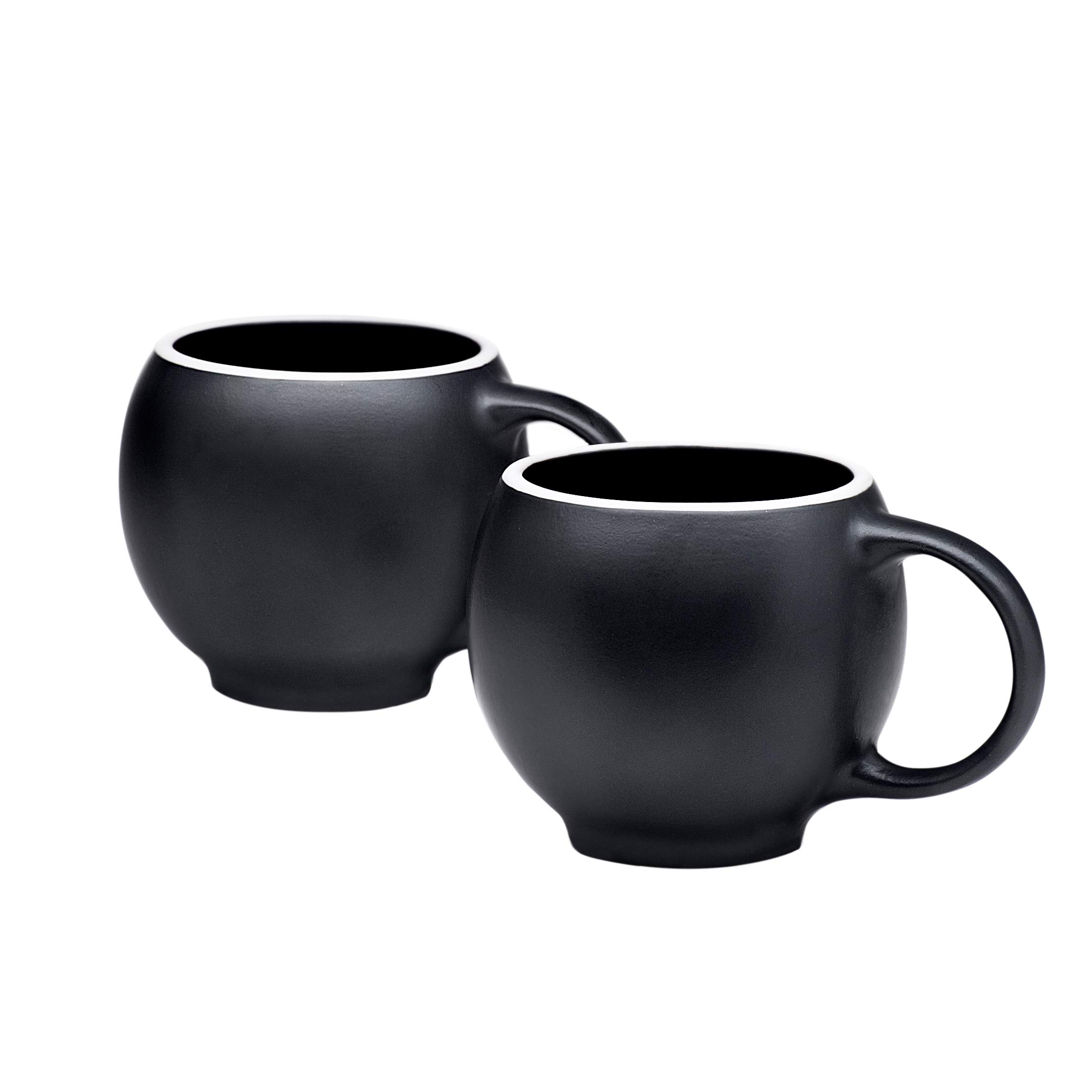 Premium Black Matte Stoneware Ceramic Tea Cups with White Rims - 7oz Specialty Cappuccino, Coffee & Tea Cups Set of 2 - Perfect for Home, Cafe, Office & Gift Giving