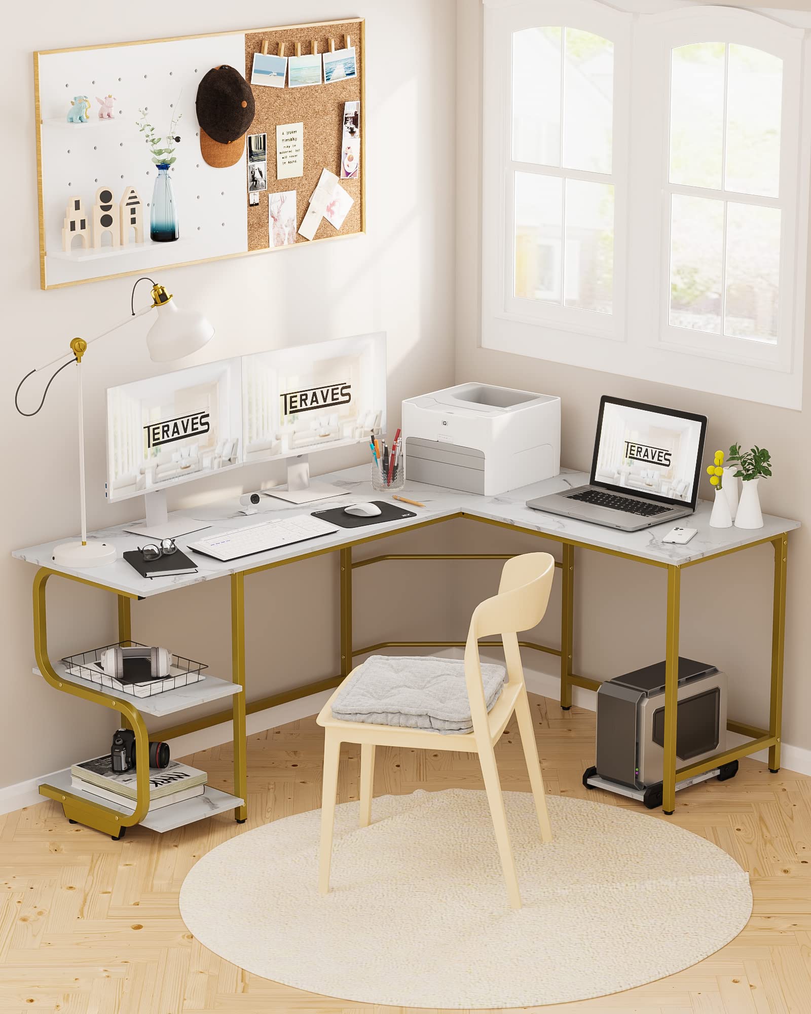 Teraves 69 Inch Reversible L-Shaped Desk with Large Surface & Storage Shelves - Sturdy Corner Computer Desk for Home Office, Gaming & Workstation | Perfect for Small Spaces & Multi-Monitor Setups