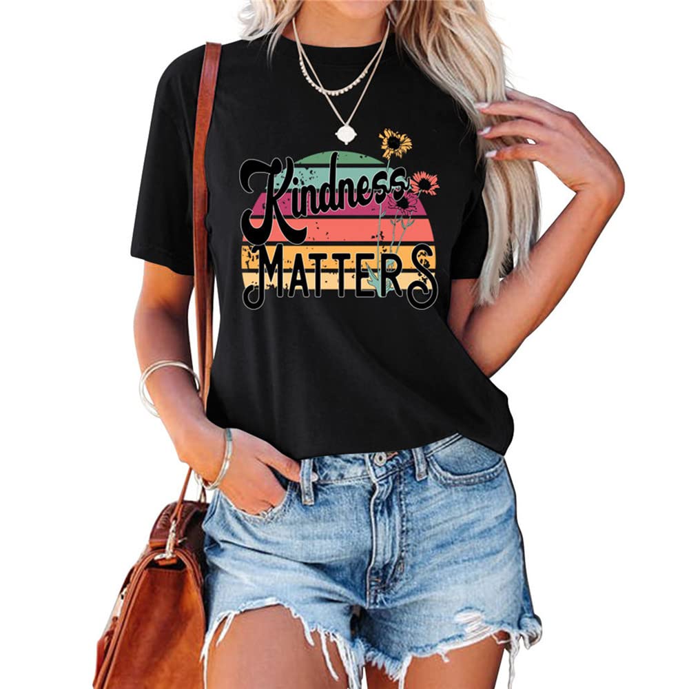 Kindness Matters Women's Rainbow Sunflower Graphic T-Shirt - Short Sleeve Inspirational Tee for Teachers, Gifts & Everyday Wear