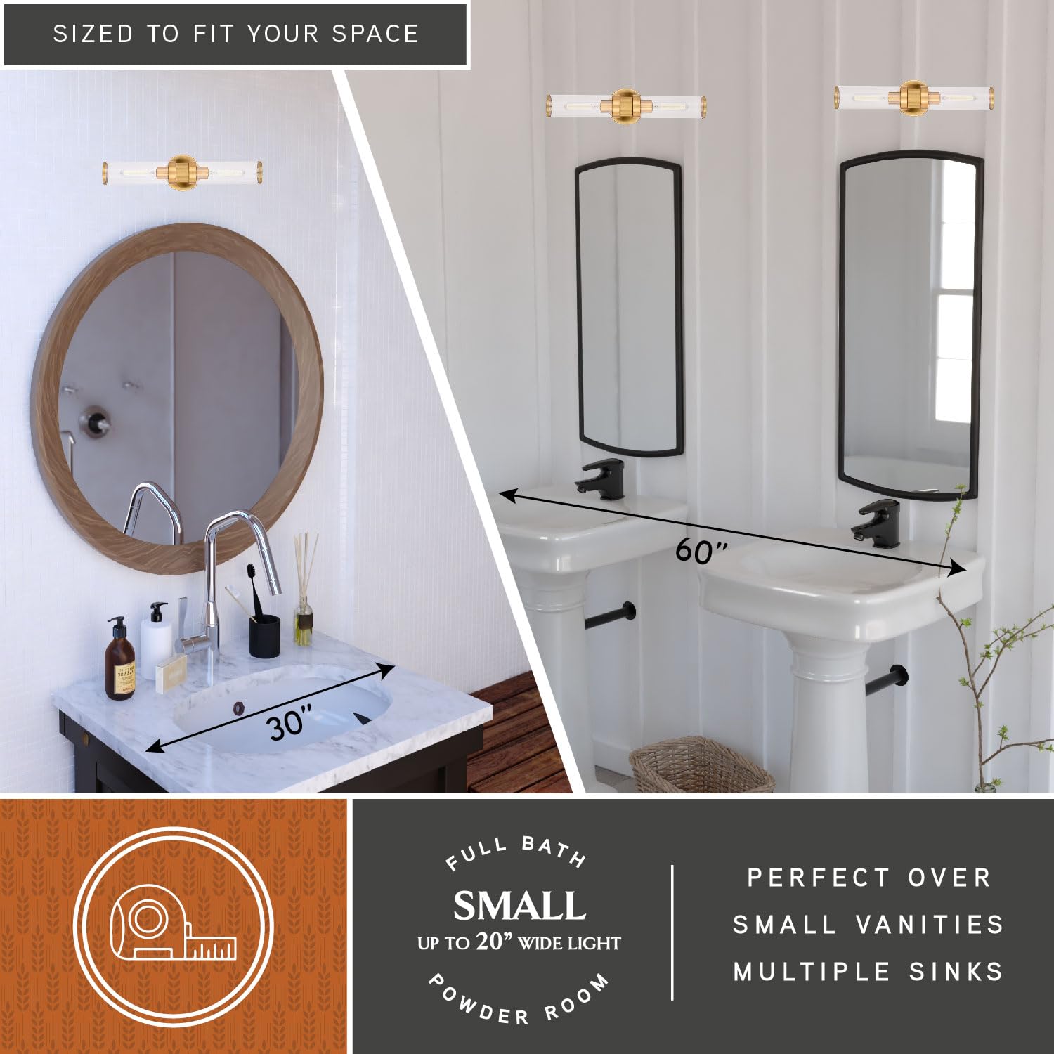 VAXCEL Levitt 2-Light Bathroom Vanity Light Fixture - Mid Century Modern Industrial Style with Satin Brass Finish & Clear Glass Shades - Perfect for Bathroom, Powder Room, and Dressing Area Lighting