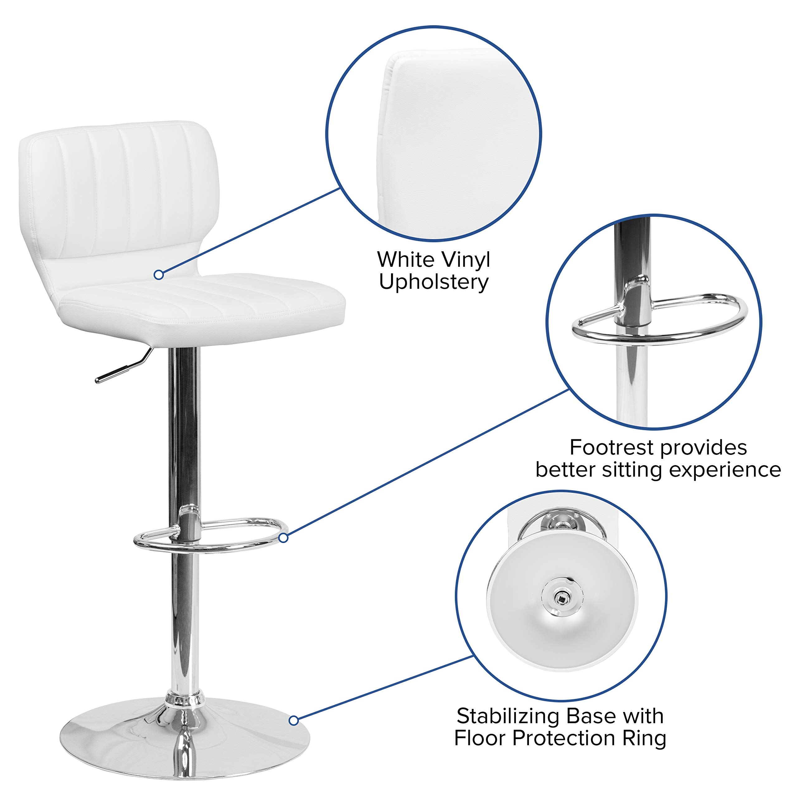 White Vinyl Adjustable Height Bar Stool with Vertical Stitching - Modern Kitchen Island & Breakfast Counter Stool for Home Decor