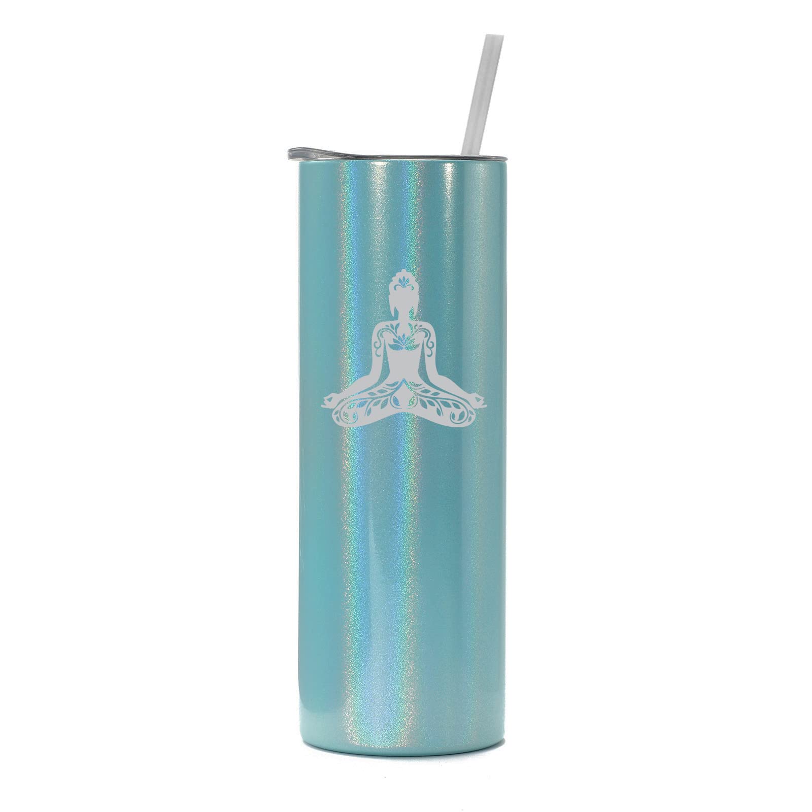 20 oz Skinny Tall Stainless Steel Vacuum Insulated Tumbler with Straw - Buddha Yoga Lotus Design in Light Blue Iridescent Glitter - Perfect for Travel, Gym, Yoga & Outdoor Activities