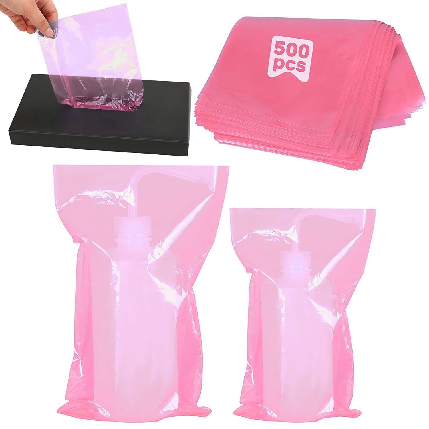 500PCS Disposable Pink Tattoo Wash Bottle Bags - Squeeze Bottle Sleeves for Tattoo, Dental & Beauty Supplies - Hygienic Cleaning Bags for Tattoo Artists, Dentists & Salons (Great for Ink Storage, Equipment Protection & Sanitary Workspaces)