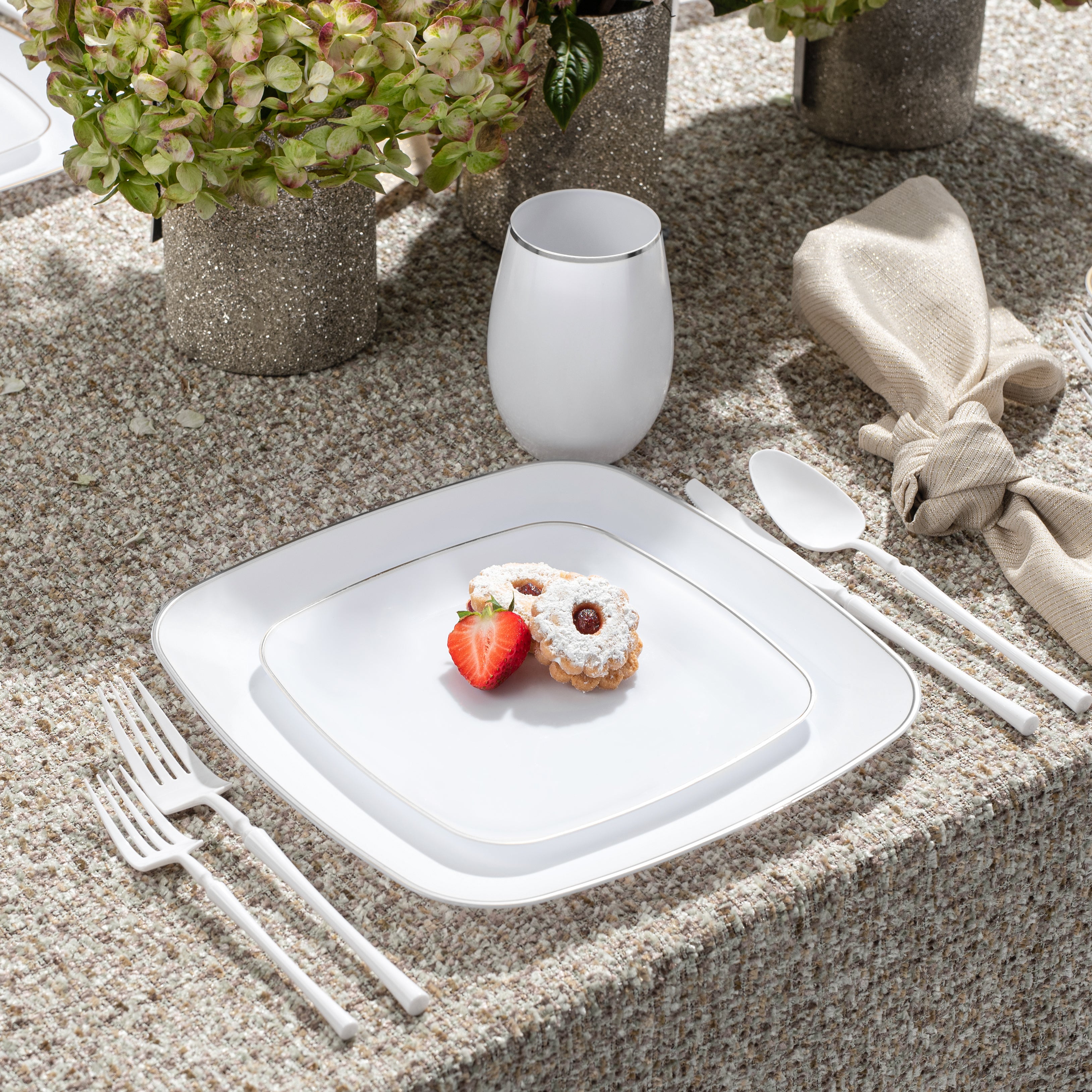 White and Silver Plastic Party Bundle - Classic Square Disposable Plates, Cups, and Cutlery Set for Birthday, Wedding, and Holiday Celebrations