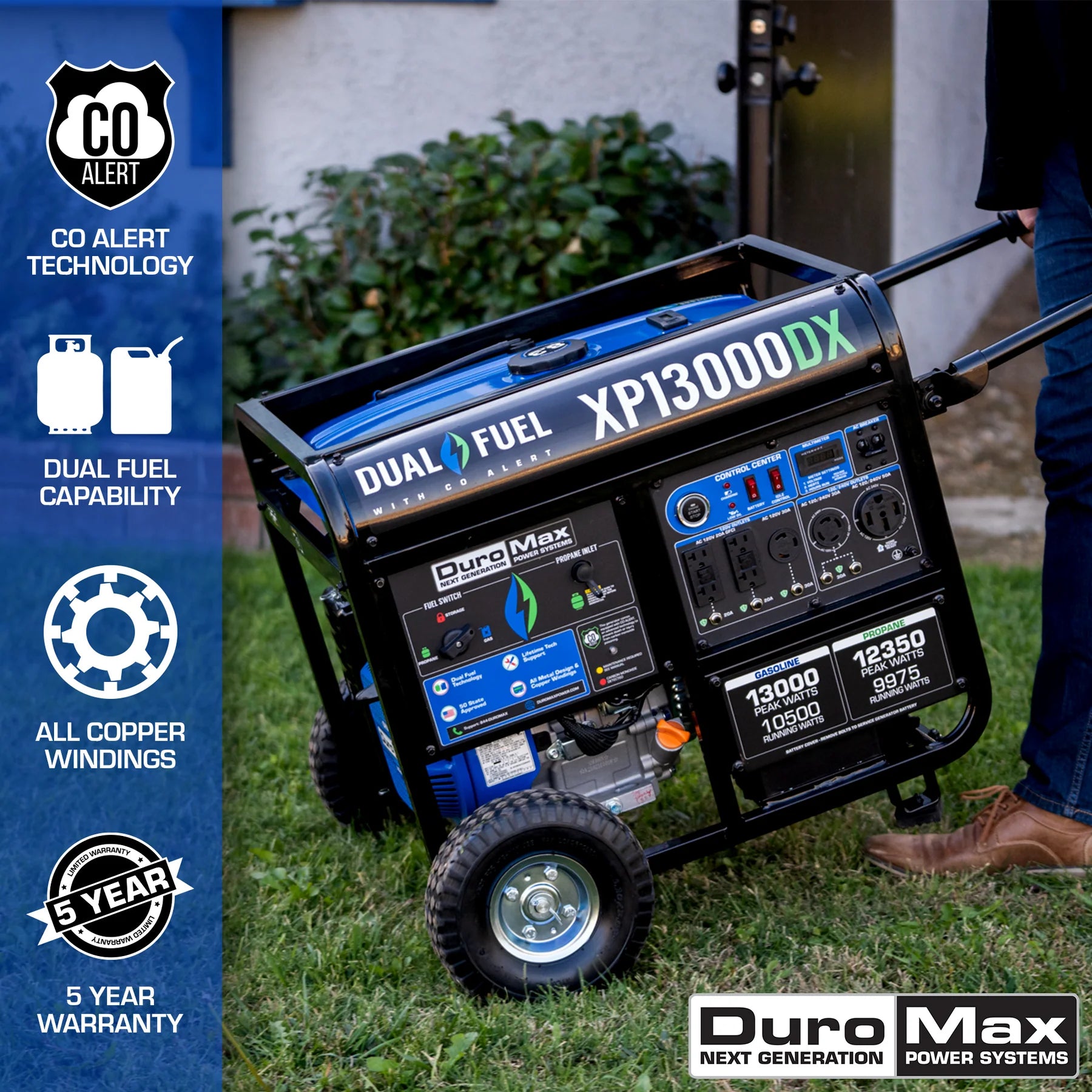 DuroMax XP13000DX 10500W/13000W Dual Fuel Portable Generator - Gas & Propane Powered with Electric Start & CO Alert - Ideal for Home Backup Power, Camping, and Emergency Use