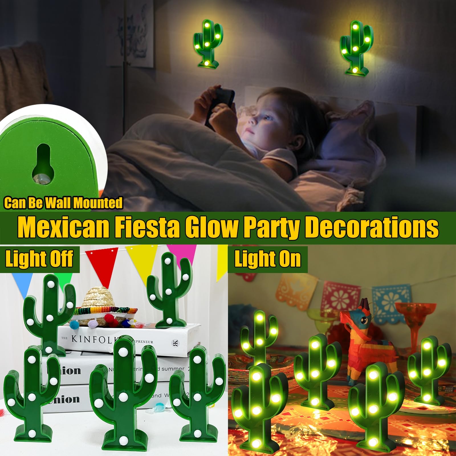 5-Piece LED Cactus Light Set - Green Cactus Night Light for Cinco De Mayo, Fiesta Party Decor, Kids Room, Bedroom & Home Decor (4.72 x 2.76 Inch) - Perfect for Mexican Themed Parties, Nursery Lighting & Cozy Home Ambiance