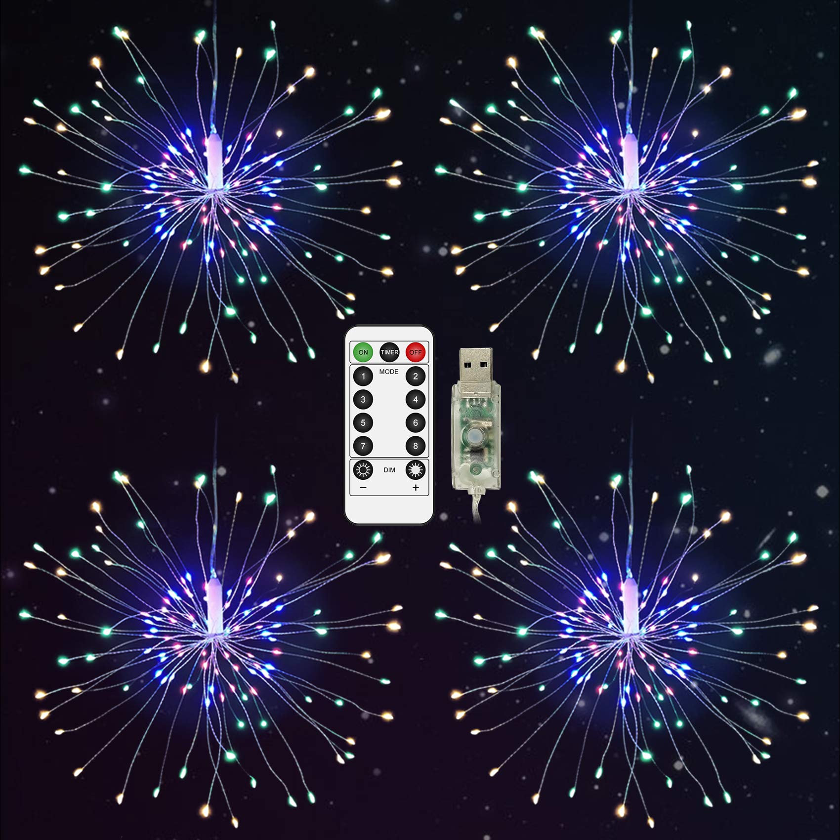 Outdoor 4 Pack Firework LED Star Burst String Lights - 8 Modes Battery Operated Fairy Lights with Remote Control - Waterproof Christmas Wedding Party Decorations for Garden, Patio, Yard & Indoor Use (Multi-Color)