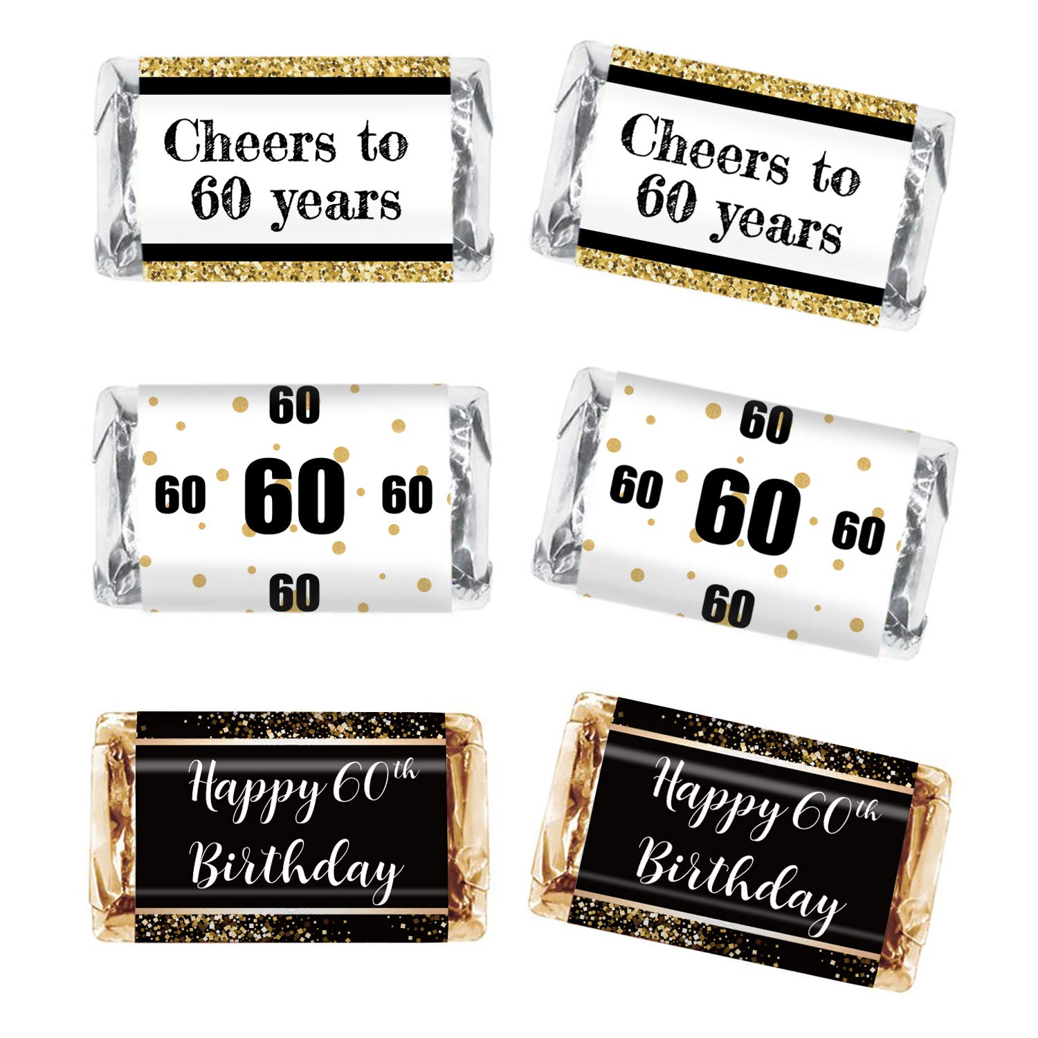 Black & Gold 60th Birthday Party Mini Candy Bar Wrapper Stickers - Elegant 60th Birthday Party Favors - Pack of 54 - Perfect for Candy Wraps, Gift Decorations & Anniversary Celebrations