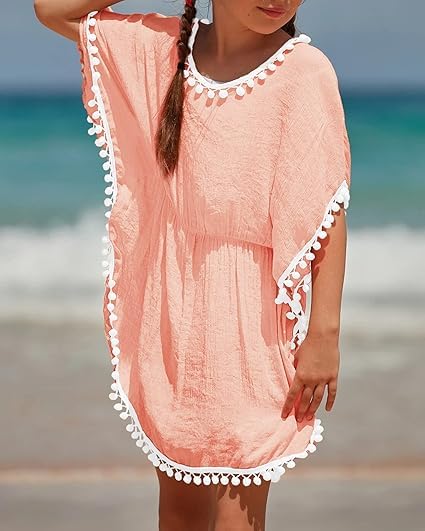 Eurivicy Girls' Swim Cover Up - Cute Kids Summer Swimwear Beach Dress with Pom Pom Trim - Perfect for Pool, Beach & Vacation Outfits