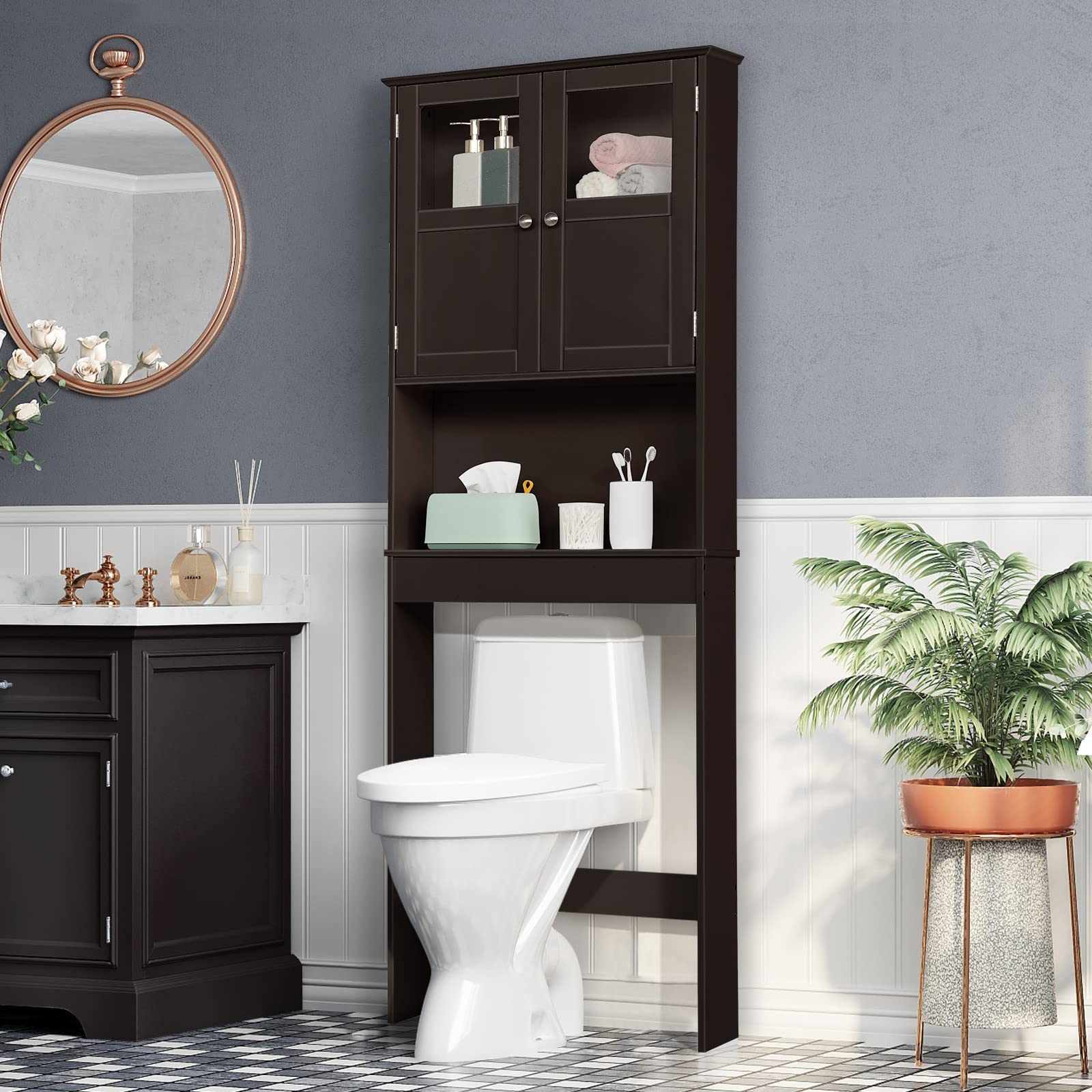 Bonnlo Over The Toilet Storage Cabinet - Freestanding Bathroom Organizer with Double Door Glass Window & Adjustable Shelves - Space Saving Towel Shelf for Toilet Paper, Cosmetics & Bath Essentials (Brown) - Perfect for Small Bathrooms, Apartments & Powder Rooms