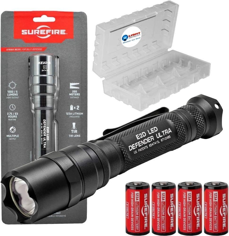 SureFire E2D Defender Ultra (E2DLU-A) 1000 Lumens Tactical Flashlight - Dual-Output LED, Tailcap Click Switch - Includes 4 CR123A Batteries & Case - Perfect for EDC, Self Defense, Camping & Emergency Preparedness