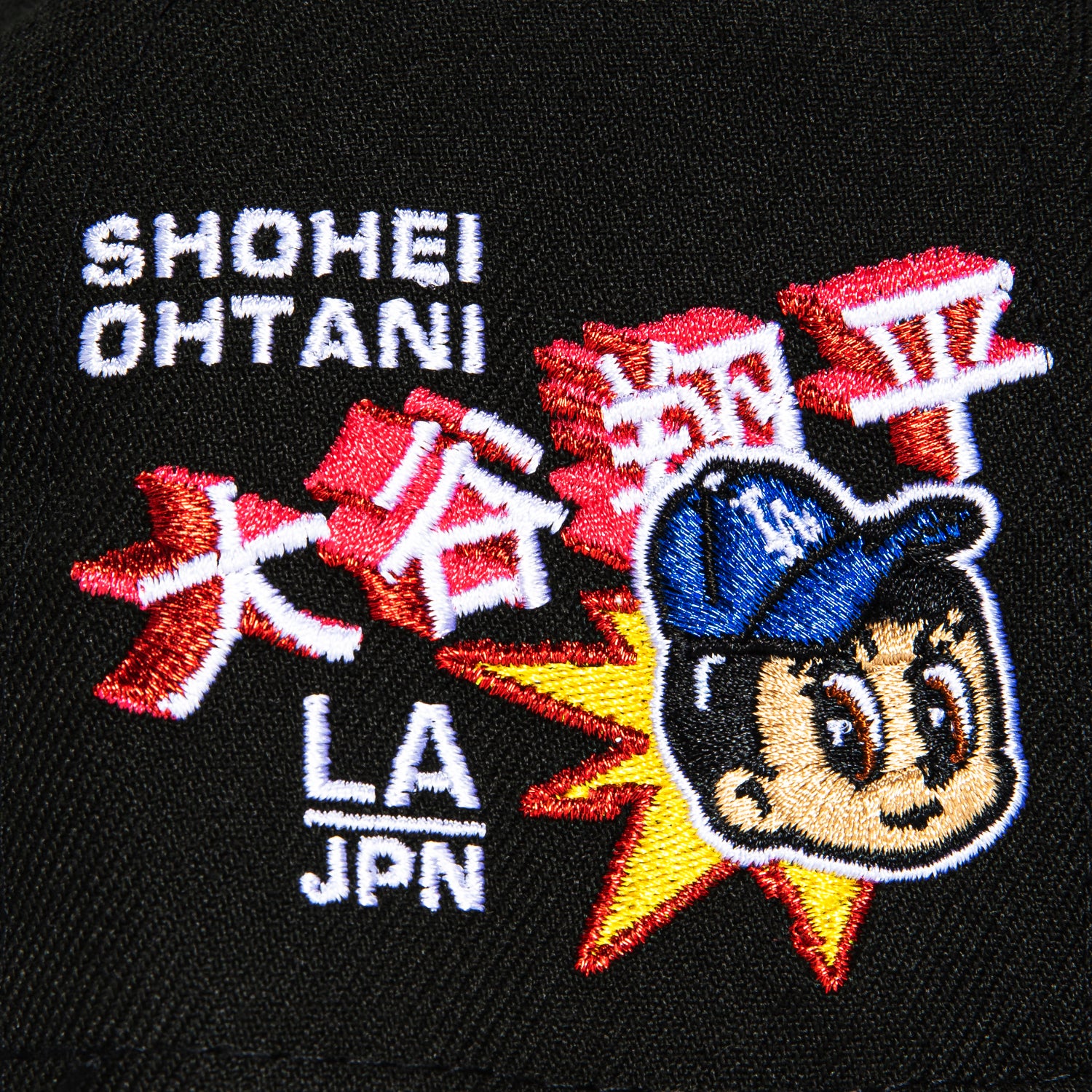 New Era 59Fifty Los Angeles Dodgers Shohei Ohtani Anime Patch Script Fitted Baseball Cap - Black/Royal - Official MLB Licensed Hat for Baseball Fans & Anime Lovers
