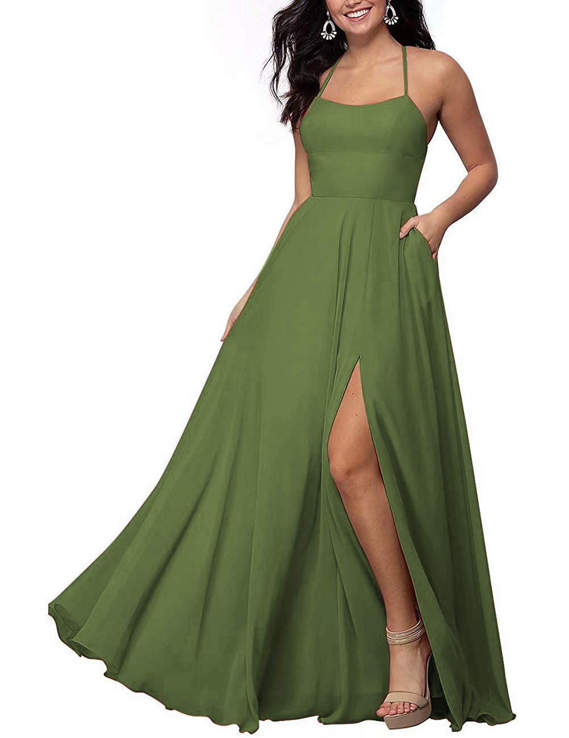 SHINDRESS Women's Olive Green Bridesmaid Dress - Long Slit Sleeveless Chiffon Formal Gown with Spaghetti Straps & Pockets | Perfect for Weddings, Prom, Evening Parties & Special Occasions | Style SP118,8