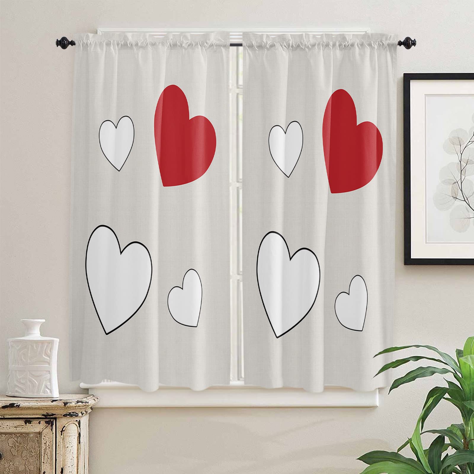 Valentine's Day Kitchen Curtains 63 Inch Length - Red & White Heart Print on Beige Background, Rod Pocket Window Drapes for Living Room, Bathroom & Cafe - 2 Panel Set for Half Window Treatment | Perfect for Romantic Decor & Small Space Solutions