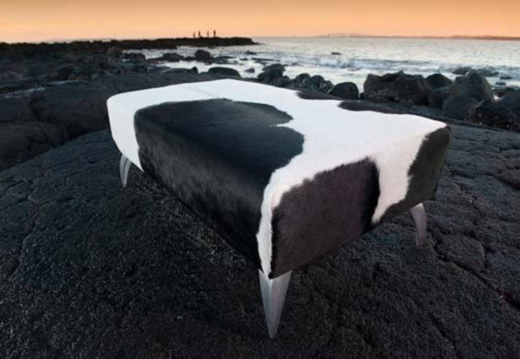 Premium Cowhide Leather Ottoman with Curved Aluminum Legs - 43