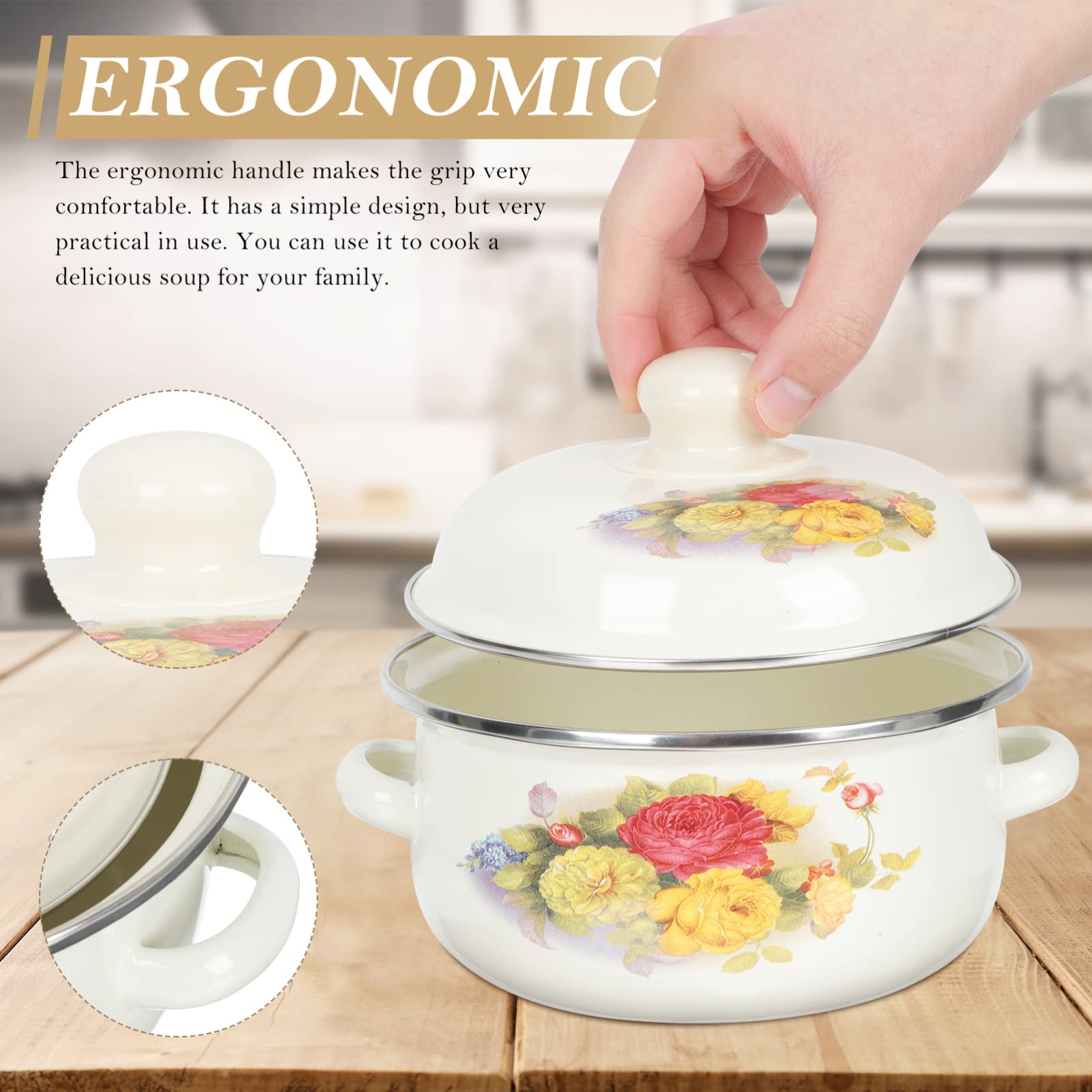 Premium Enamel Double Ear Soup Pot - 5QT Enamel Cooking Pot with Lid, Multi-Functional Stew Pot for Home Kitchen, Perfect for Soups, Stews & Slow Cooking - Durable Flat Bottom Stockpot for Gas & Induction Stoves