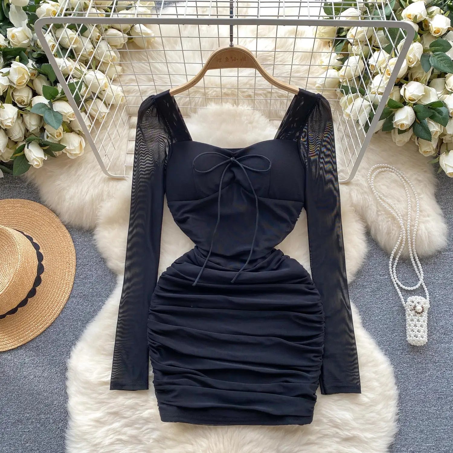 Elegant Black & Pink Mesh Mini Dress for Women - French Purple Square Collar Lace-Up Pleated Party Dress | Perfect for Date Night, Cocktail Parties & Special Occasions