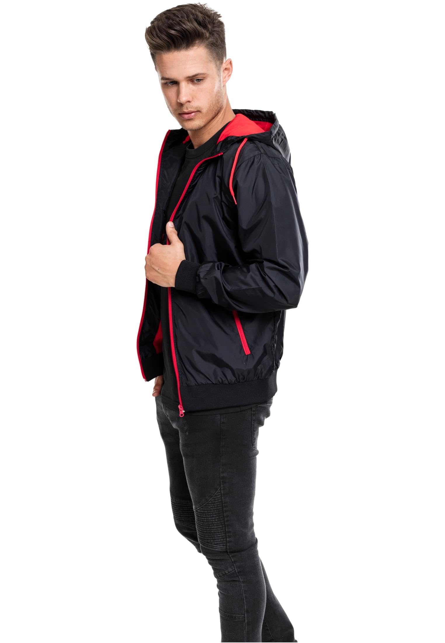 **Men's 3XL Black & Red Contrast Windrunner Jacket - Lightweight Water-Resistant Running Hoodie for Outdoor Sports & Casual Wear**