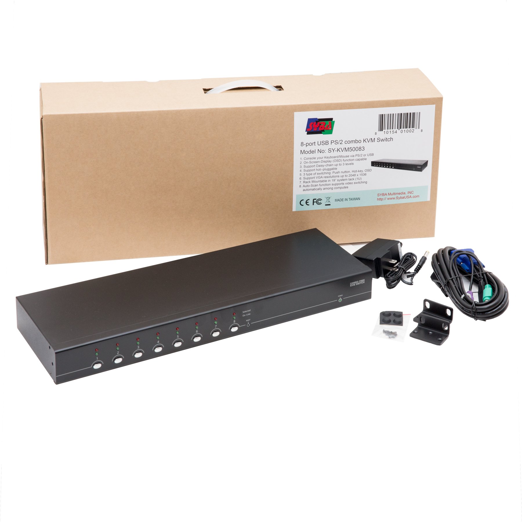 Syba SY-KVM50083 8 Port VGA KVM Switch with USB & PS/2 Support - Multi-Computer Control for Office, Server Room & Home Workstation Setup