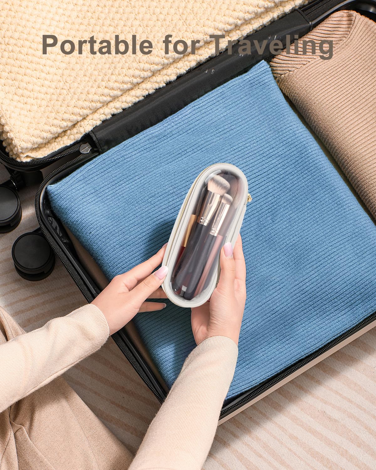 Clear Travel Makeup Brush Holder - Waterproof Leather Cosmetic Case for On-the-Go Beauty