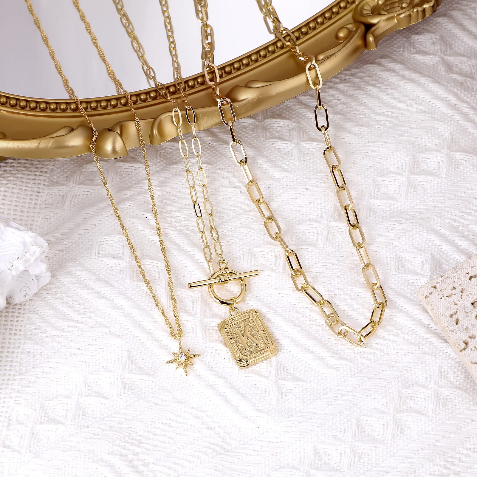 MJartoria 14K Gold Plated Initial Necklace for Women - Trendy Layered Star Choker with Square Letter Pendant & Paperclip Chain - Elegant Gold Necklace Jewelry Gift for Her (Perfect for Birthday, Anniversary, Valentine's Day Gifts)