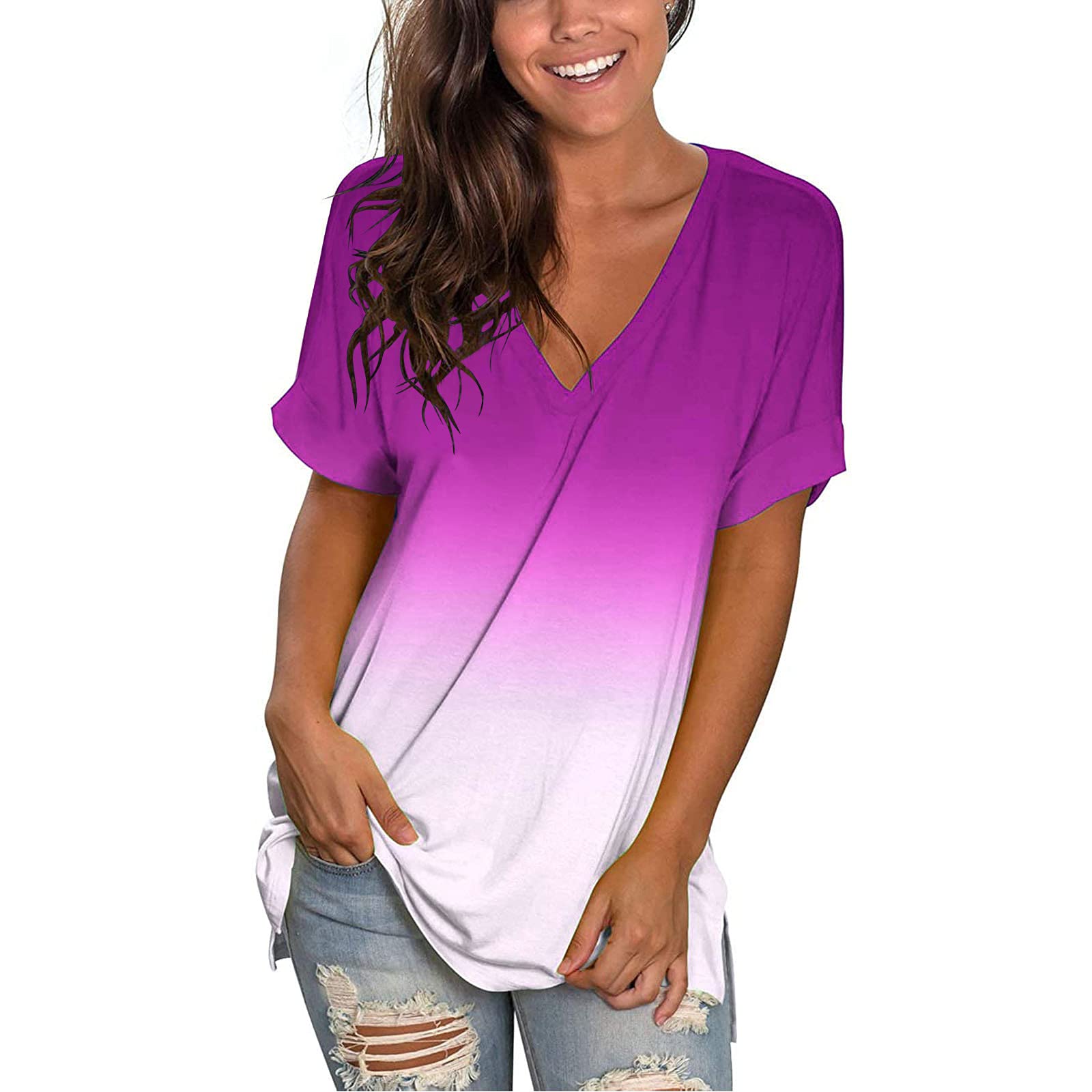 Women's Short Sleeve V-Neck Tie Dye Gradient Drop Hem Relaxed Fit T-Shirts - Casual Summer Tops for Beach, Travel & Everyday Wear