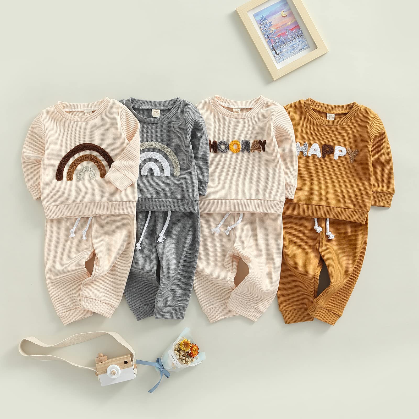 Newborn Baby Boy & Girl Clothes Set - 2PCS Fall Winter Waffle Outfit with Rainbow & Letter Print - Cozy Sweatsuits for Infants | Perfect for Family Photos, Daily Wear & Holiday Gifting
