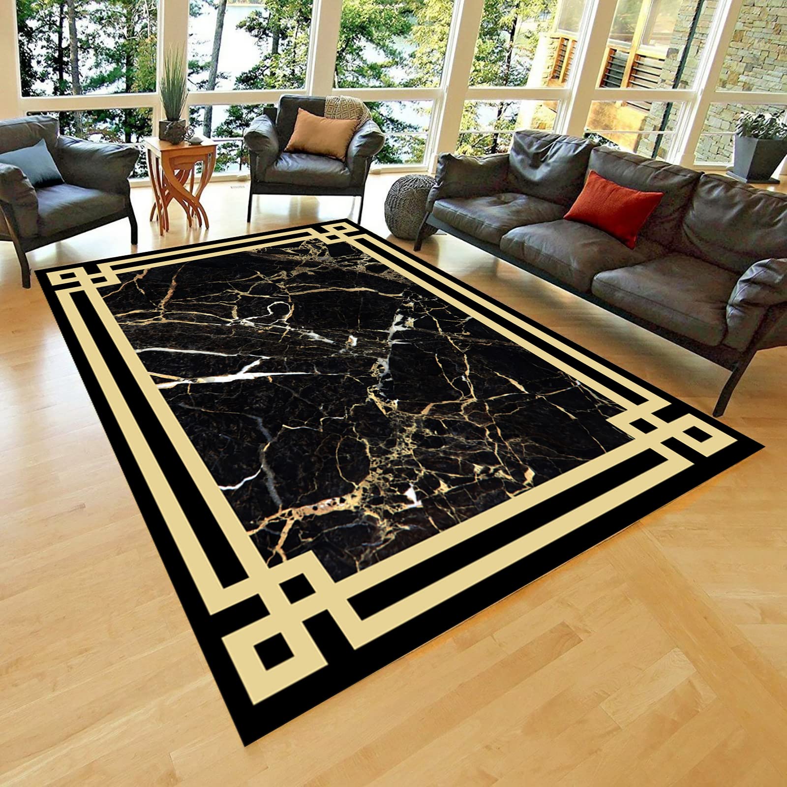 Boho Style Marble Print Non-Slip Area Rug - 5.25x7.5ft Floor Mat for Living Room, Bedroom, Dining & Kitchen Decor | Soft Home Carpet for Boho Chic, Farmhouse & Modern Interior Design Styles