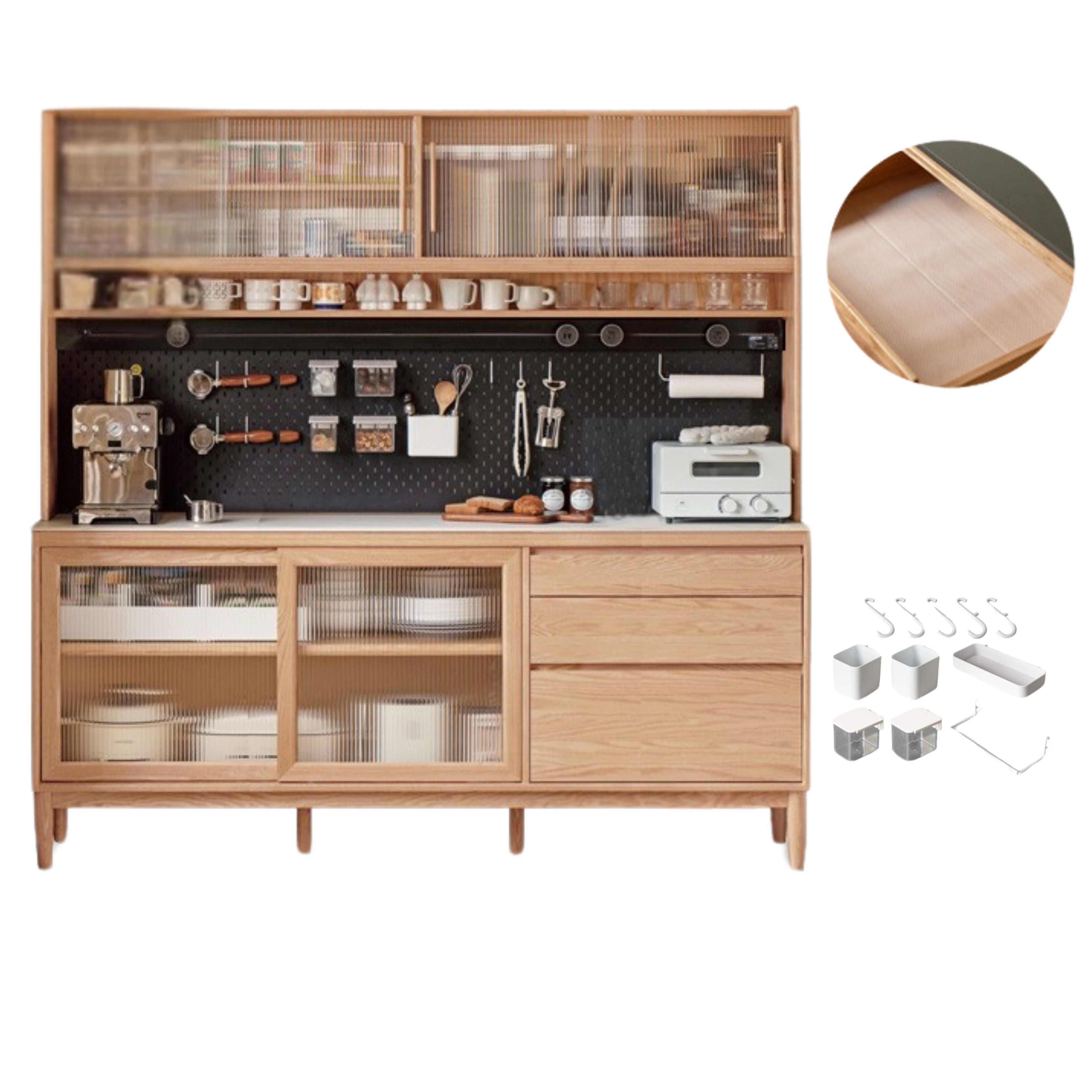 out of stock 70.9x17.7x78.7 inch / 180.4x45x200 cm/  Natural Wood Color /Ash Ivory White Rock Board Sideboard + Upper Shelf + Bull Electric Rail with Waterproof Drawer Bottom Pad + Seven-piece Perforated Board Set