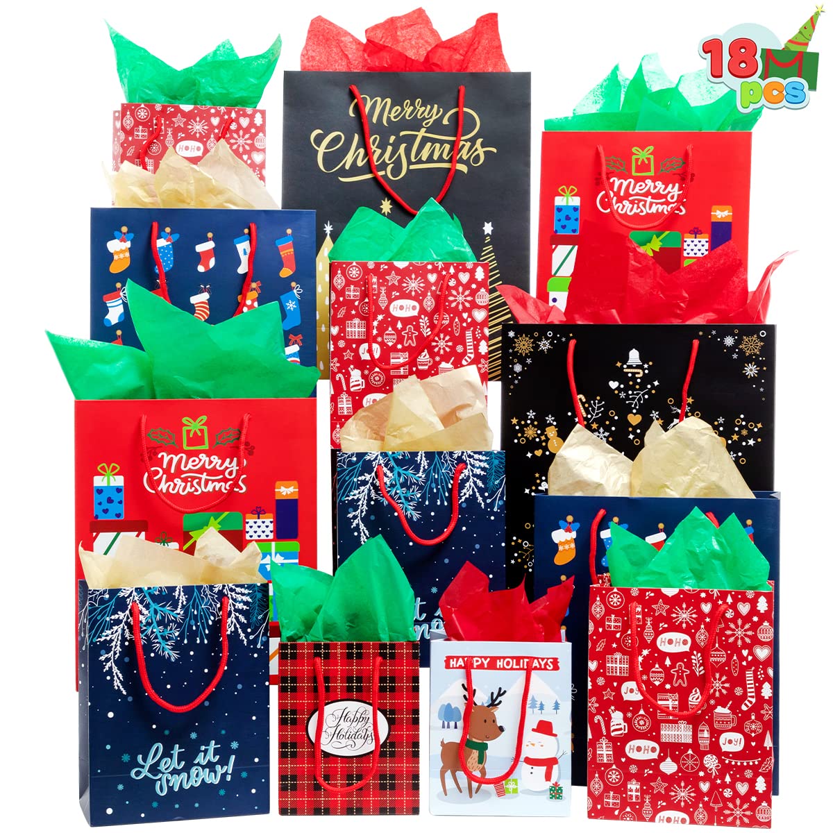 JOYIN 18-Piece Christmas Gift Bags Set - 8 Festive Holiday Designs, Kraft Paper Wrapping Bags for Xmas Presents, Party Favors & Home Decor | Perfect for Christmas Parties, Gift Exchanges & Holiday Decorations