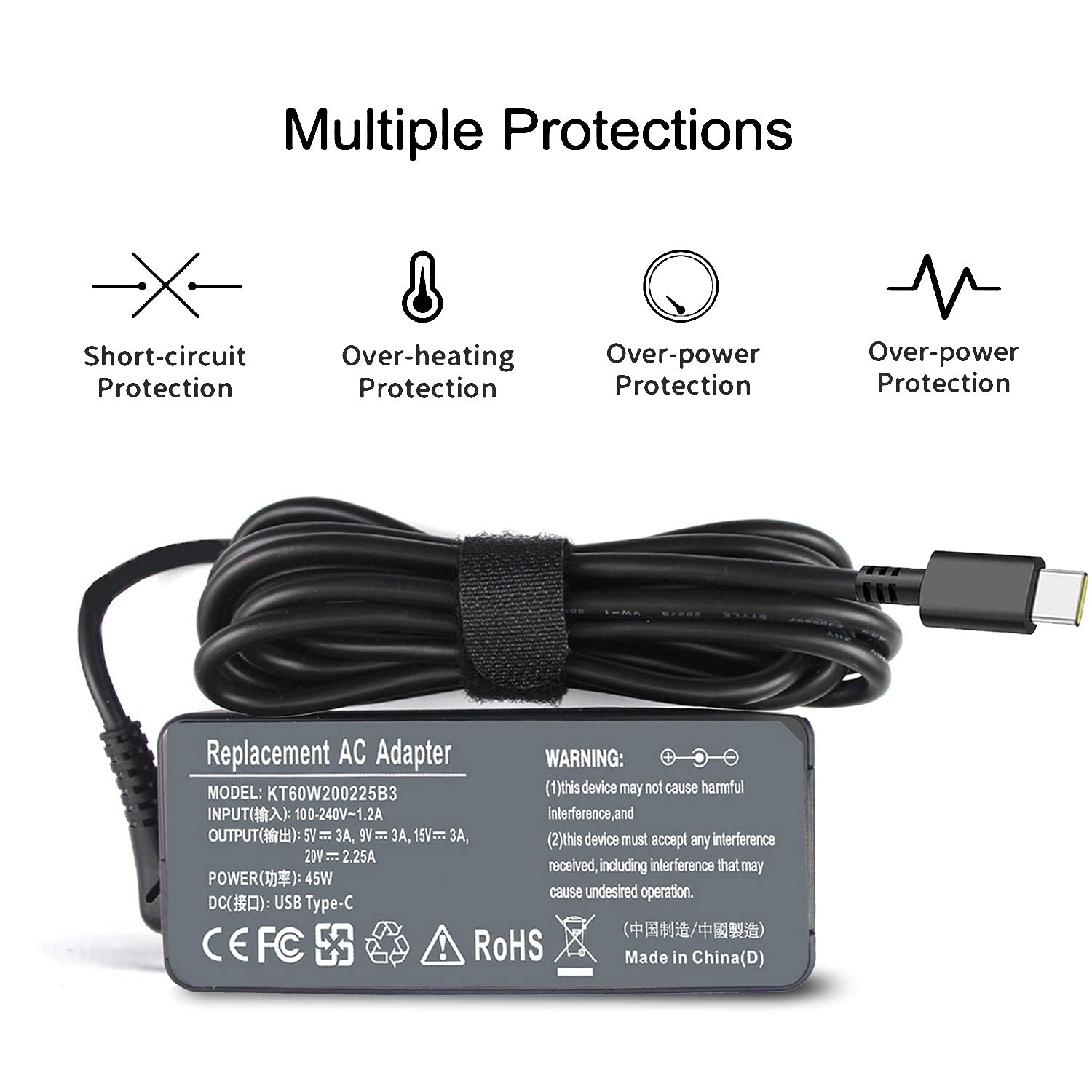 Vinpera 45W USB-C Laptop Charger for Lenovo Chromebook 100e/300e/500e/C330/C340/S340/Yoga S730/ThinkPad T480/T580 | Fast Charging AC Adapter Power Cord | Perfect for Home, Office & Travel Use