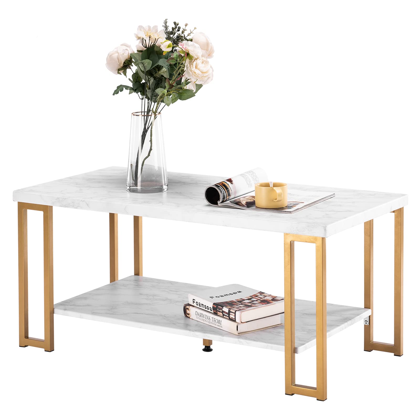 Modern Gold Coffee Table with Faux Marble Top - Rectangular Living Room & Bedroom Furniture - Stylish Centerpiece for Home Decor, Lounge, and Entertainment Areas