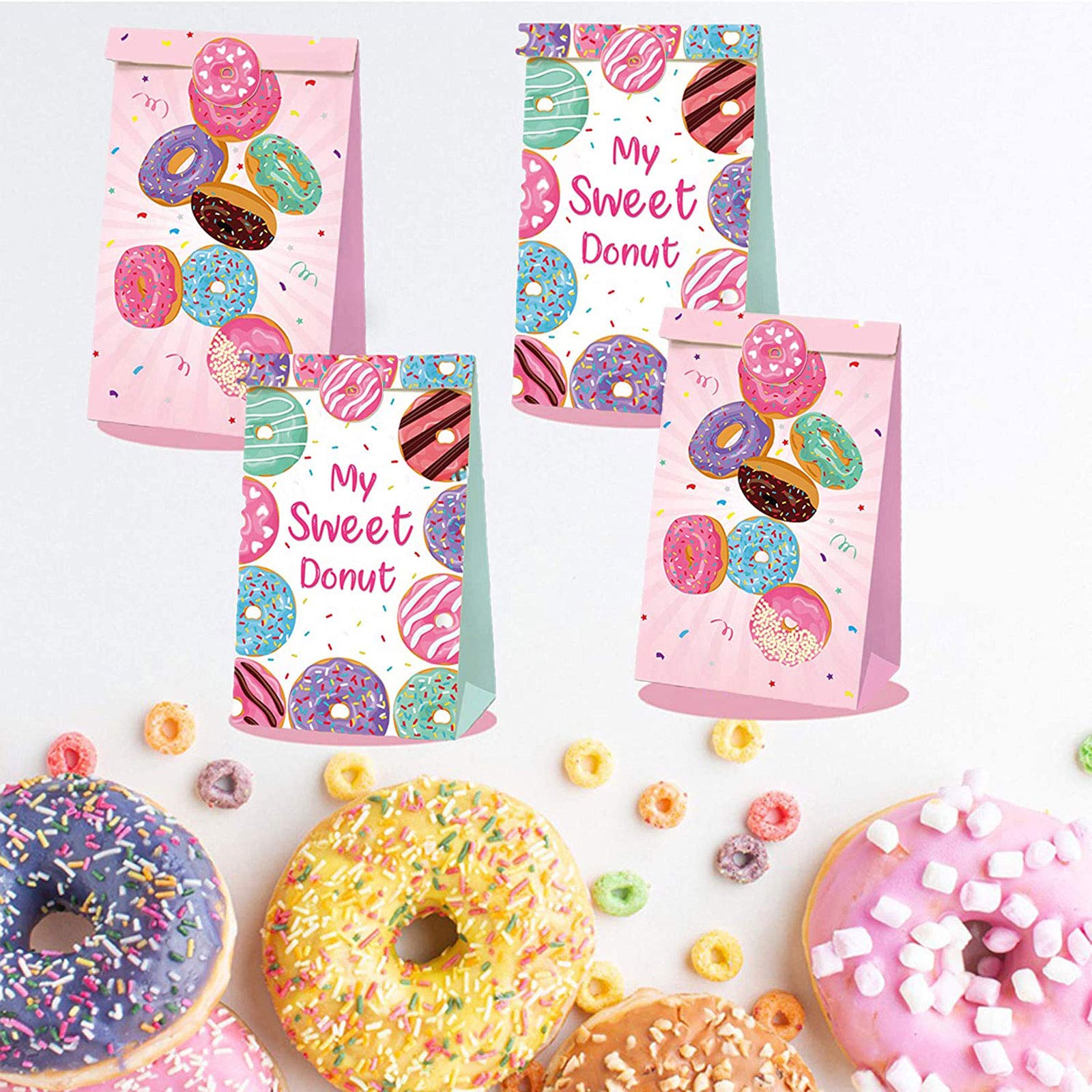 Wonfirst 24 Pack Pink Sweet Donut Candy Favor Bags with Stickers - Mini Paper Gift Treat Bags for Snacks, Christmas & Birthday Party Supplies - Perfect for Holiday Celebrations, Baby Showers, and Classroom Treats