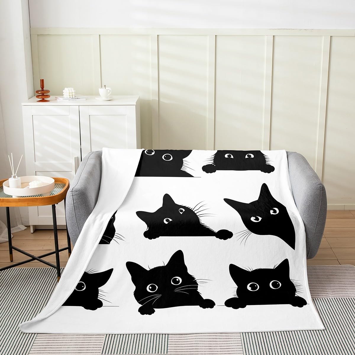 Soft 3D Cat Fleece Throw Blanket for Pets & Kids - Cozy Flannel Fuzzy Blanket for Bed, Sofa, Couch - All Season Plush Blanket with Cute Kitten Design (Black/White, 90