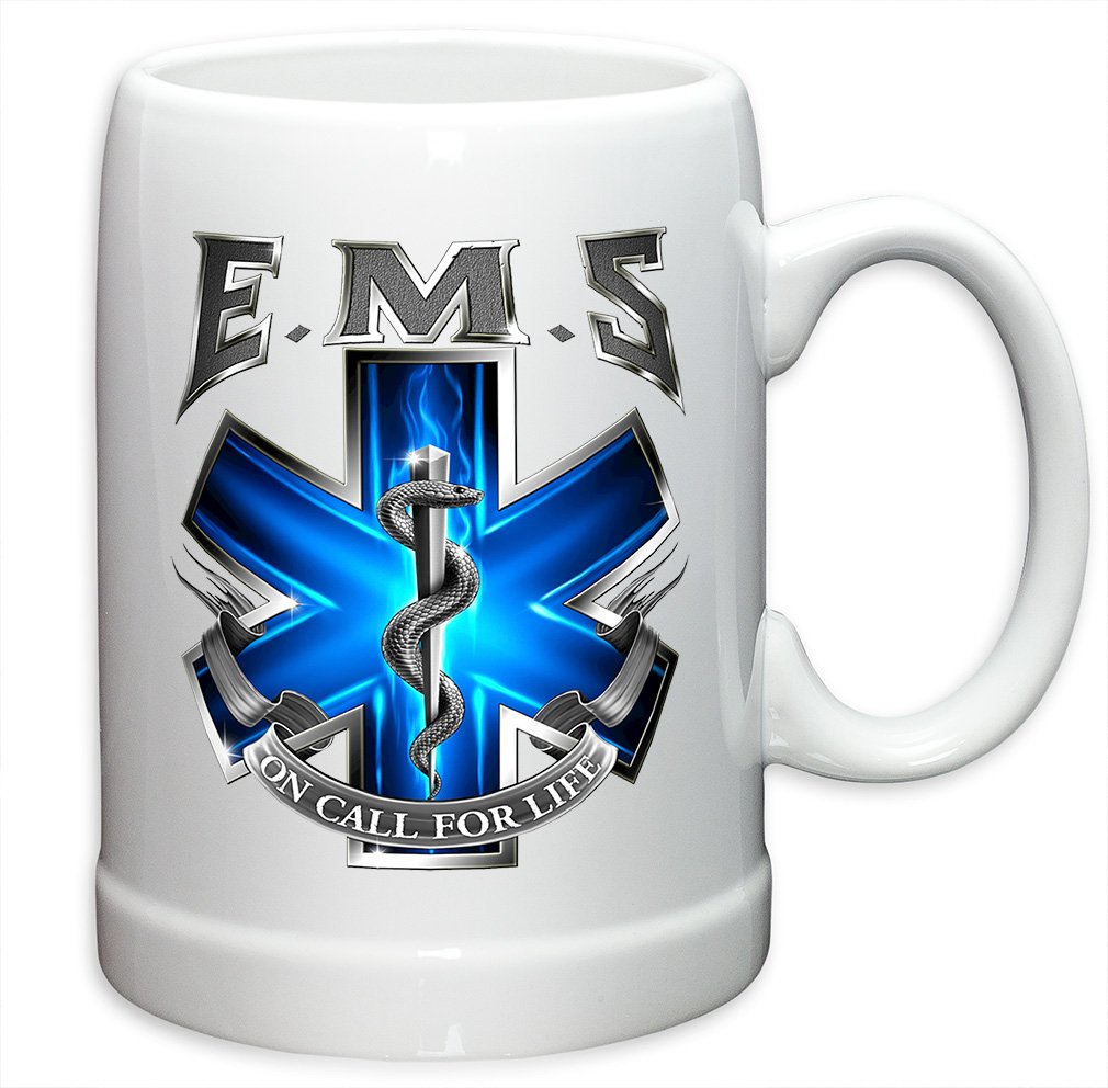 German Beer Stein Set of 6 (20oz) - EMT Paramedic Gift for Men & Women with Logo | EMS On Call For Life Stoneware Beer Mugs | Perfect for EMS Appreciation, Retirement Gifts & First Responder Parties