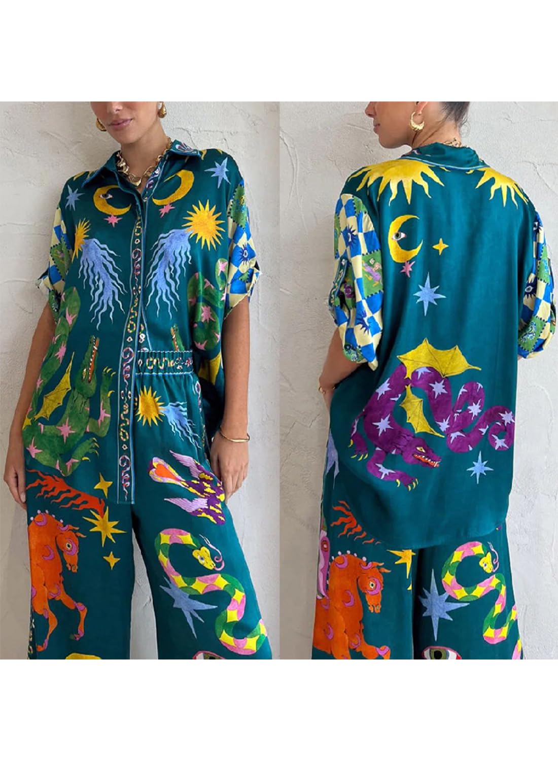 Peaceglad Women's Summer Pajama Set - Floral Print Short Sleeve Button Down Top & Drawstring Long Pants Comfy Sleepwear for Nightwear, Lounge Wear & Vacation Outfits
