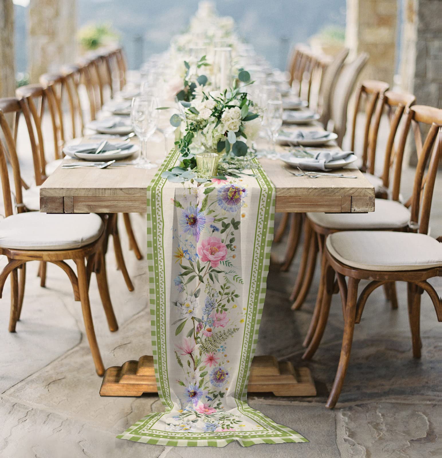 Sheer Chiffon Table Runner 27x120 Inch - Rustic Floral Buffalo Plaid Farmhouse Table Linens for Dining Room, Restaurant, Wedding Decor | Spring & Summer Home Decor, Party Table Setting, Buffet Dresser Scarf