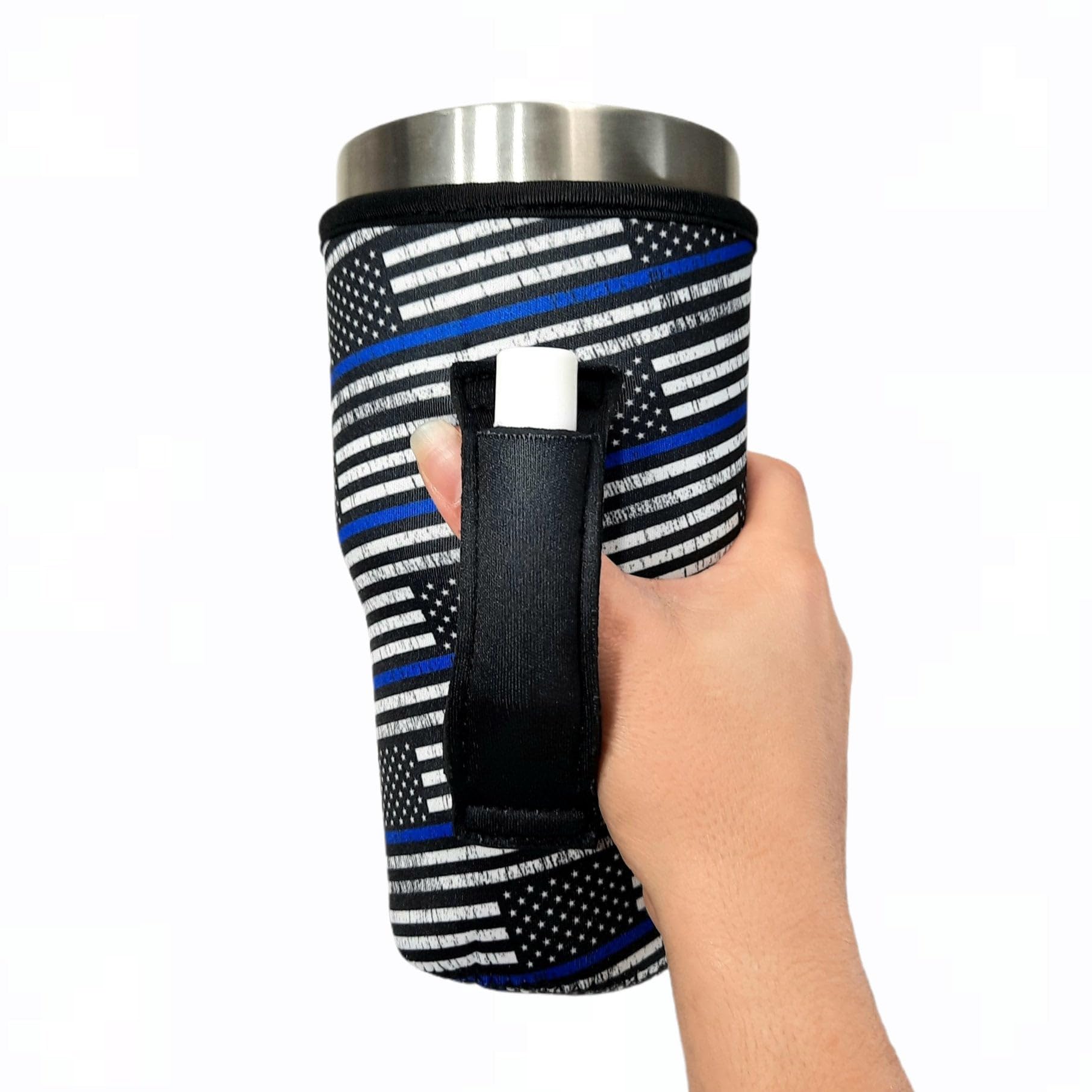 Lit Handlers Tumbler Sleeve with Handle - 30-38oz Neoprene Cup Cover & Insulated Drink Holder with Pocket - Waterproof Beverage Insulator for Beer, Cans & Shaker Bottles - Perfect for Beach, Pool, Gym & Outdoor Activities (Back the Blue Support)