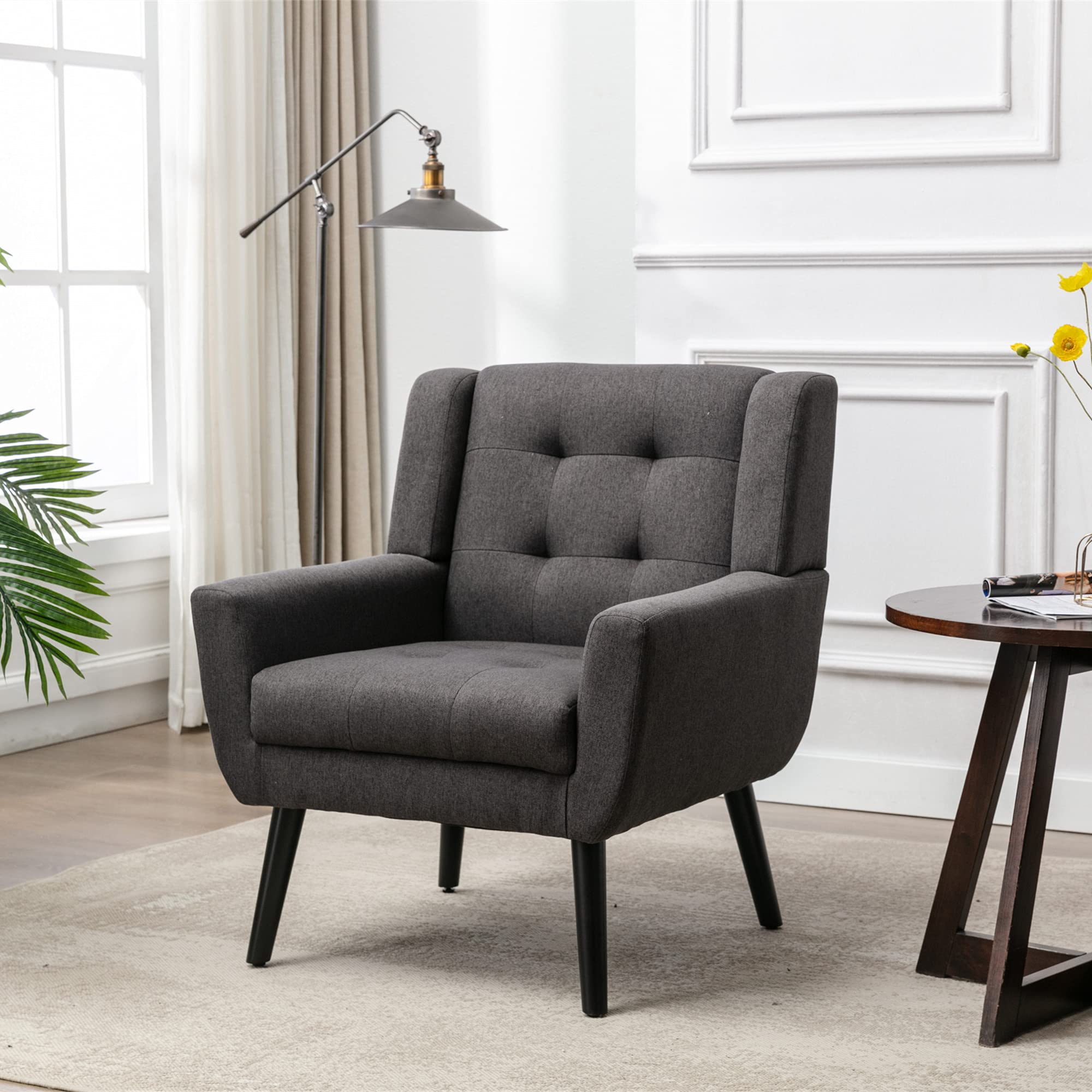 Modern Accent Chair - Upholstered Button Tufted Armchair with Linen Fabric & Black Legs | Ergonomic Living Room, Bedroom & Home Decor Chair | Perfect for Reading Nook, Lounge Area & Cozy Spaces (Dark Gray)