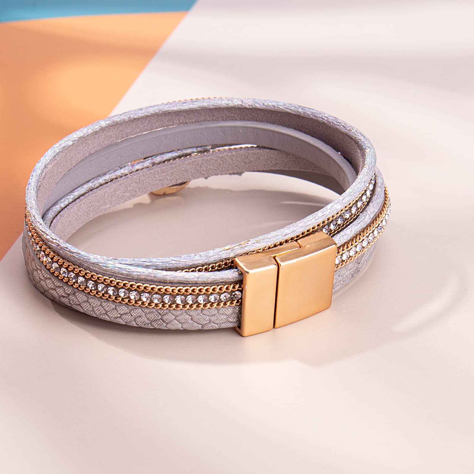 Boho Wrap Bracelet for Women - Shiny Leather Cuff with Resin Stone & Clasp | Bohemian Jewelry for Everyday Wear, Festivals & Layering
