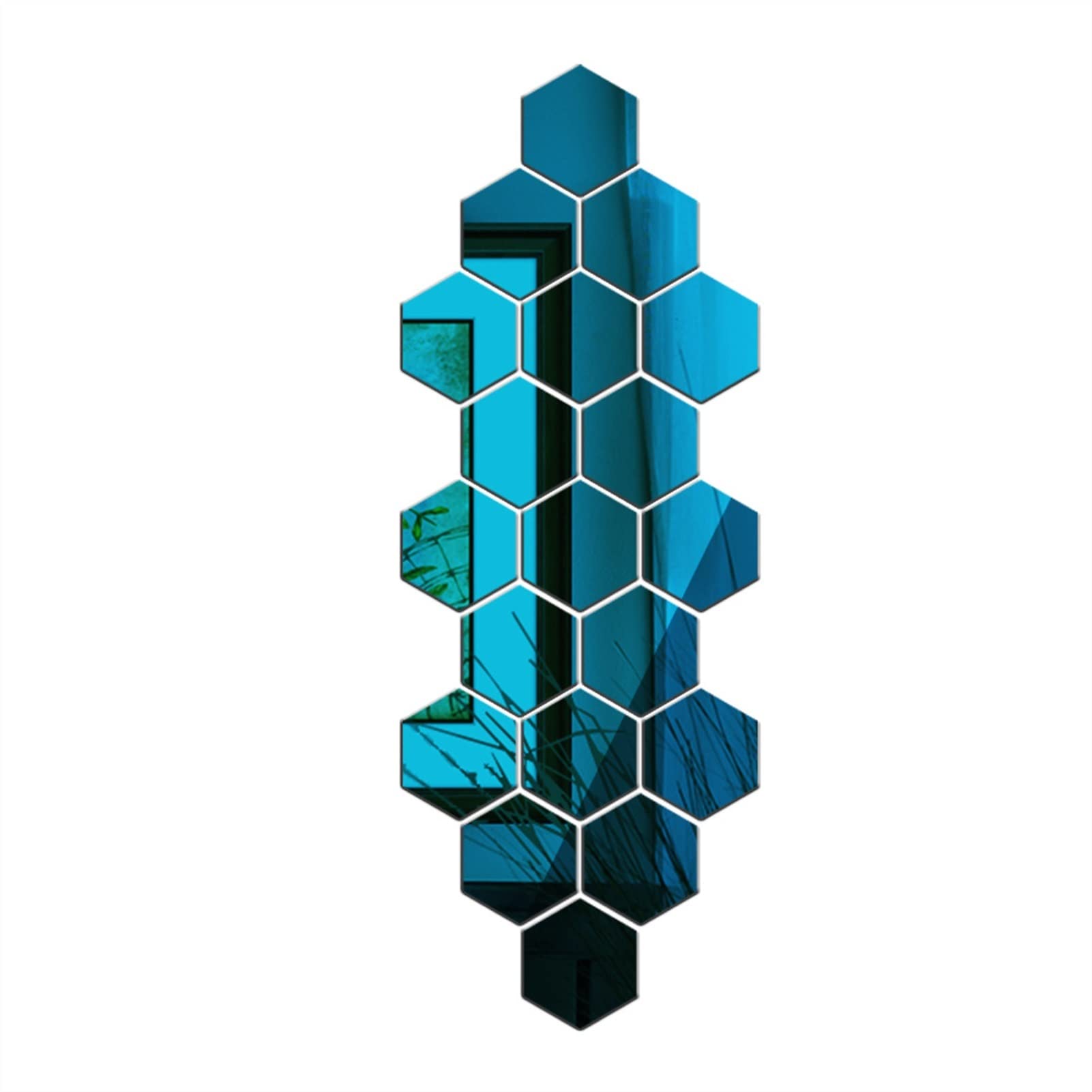 Hexagon Mirror Wall Sticker Set - 19 Pieces Self-Adhesive Acrylic Mirror Tiles for Home Decor, Bedroom & Living Room Wall Art - Blue Geometric Mirror Mosaic (23x20cm) - Perfect for DIY Home Improvement, Accent Walls, and Modern Interior Design