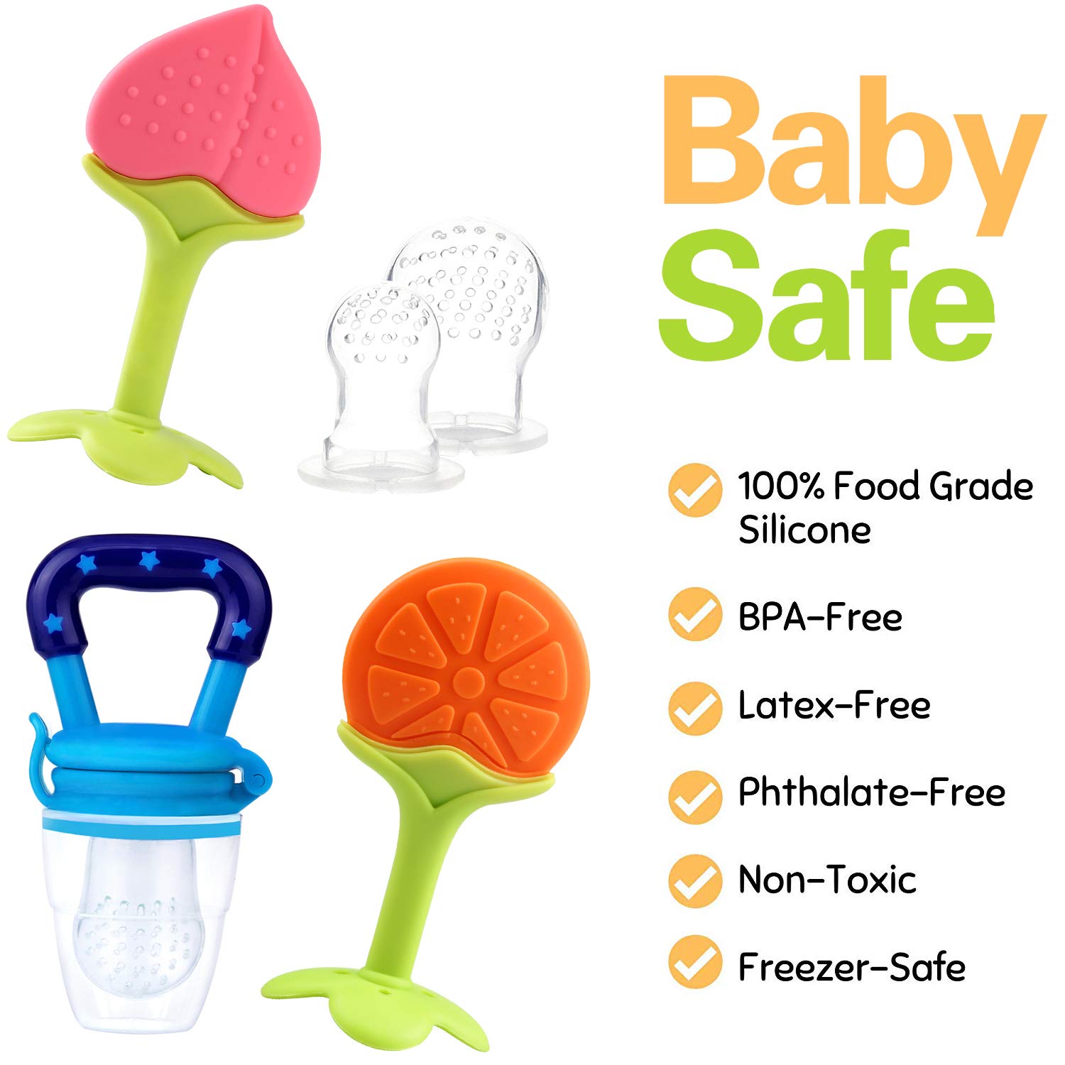 **Tinabless Organic Baby Teething Toys & Fresh Food Feeder Set - Natural Chew Toys for Infants, 2 Teethers + 1 Feeder with 3 Silicone Sacs | Perfect for Soothing Sore Gums & Introducing Solid Foods**