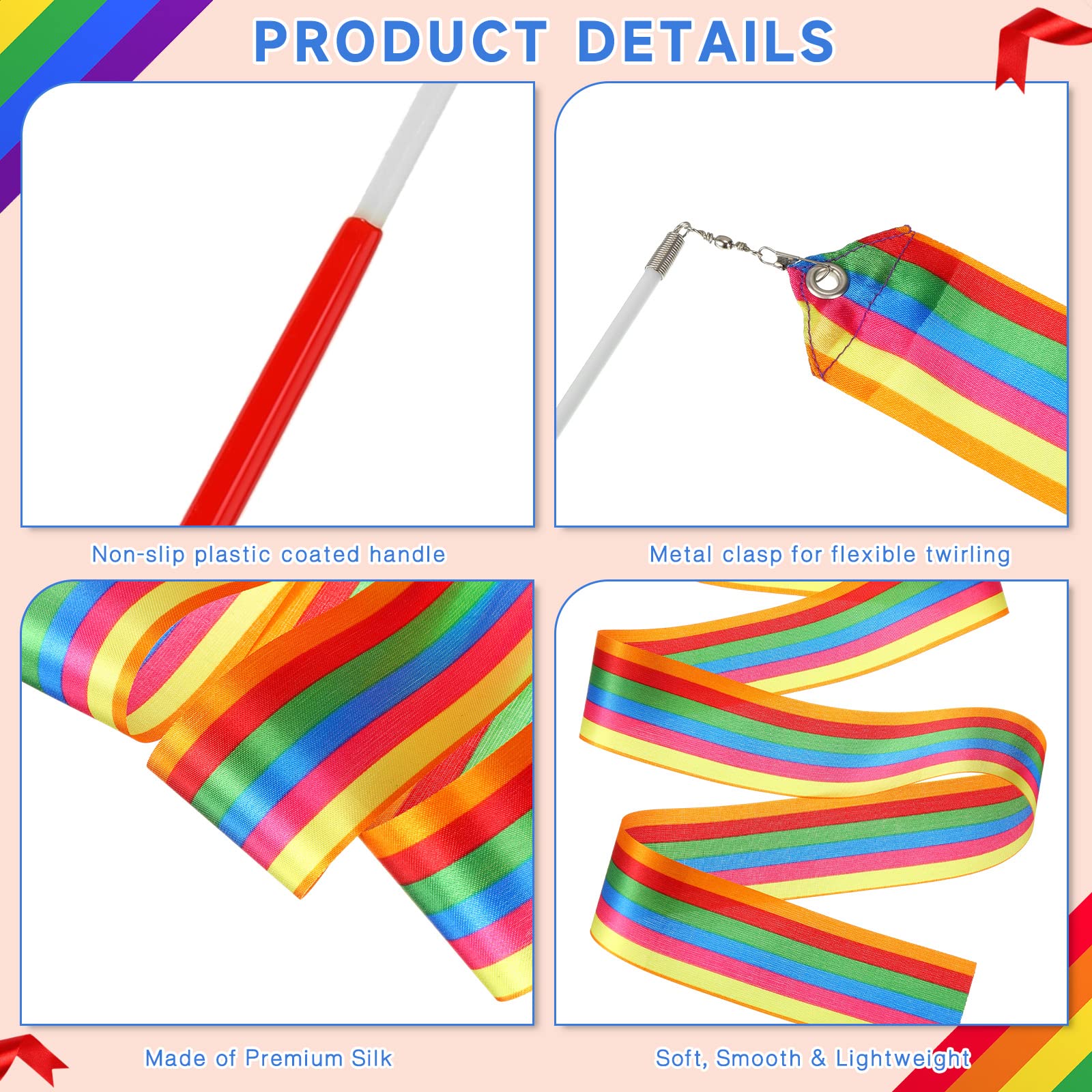 Yilloog 78.7 Inch Gymnastics Ribbon Wands - Rainbow Artistic Dance Streamers for Kids, Party Favors & Birthday Decorations | Perfect for Girls' Dance Performances, Birthday Games & Gymnastics Practice