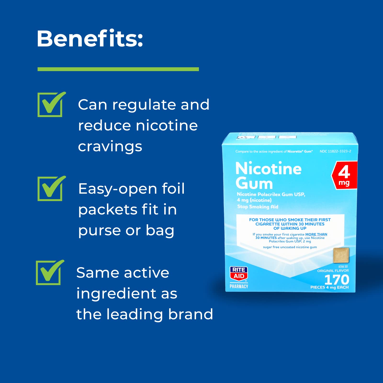 Rite Aid Nicotine Gum, Original Flavor, 4mg - 170 Count | Stop Smoking Aid & Nicotine Replacement Therapy | Helps Reduce Cravings & Withdrawal Symptoms | Sugar-Free Chewing Gum for Smoking Cessation | Perfect for Home, Office & Travel Use