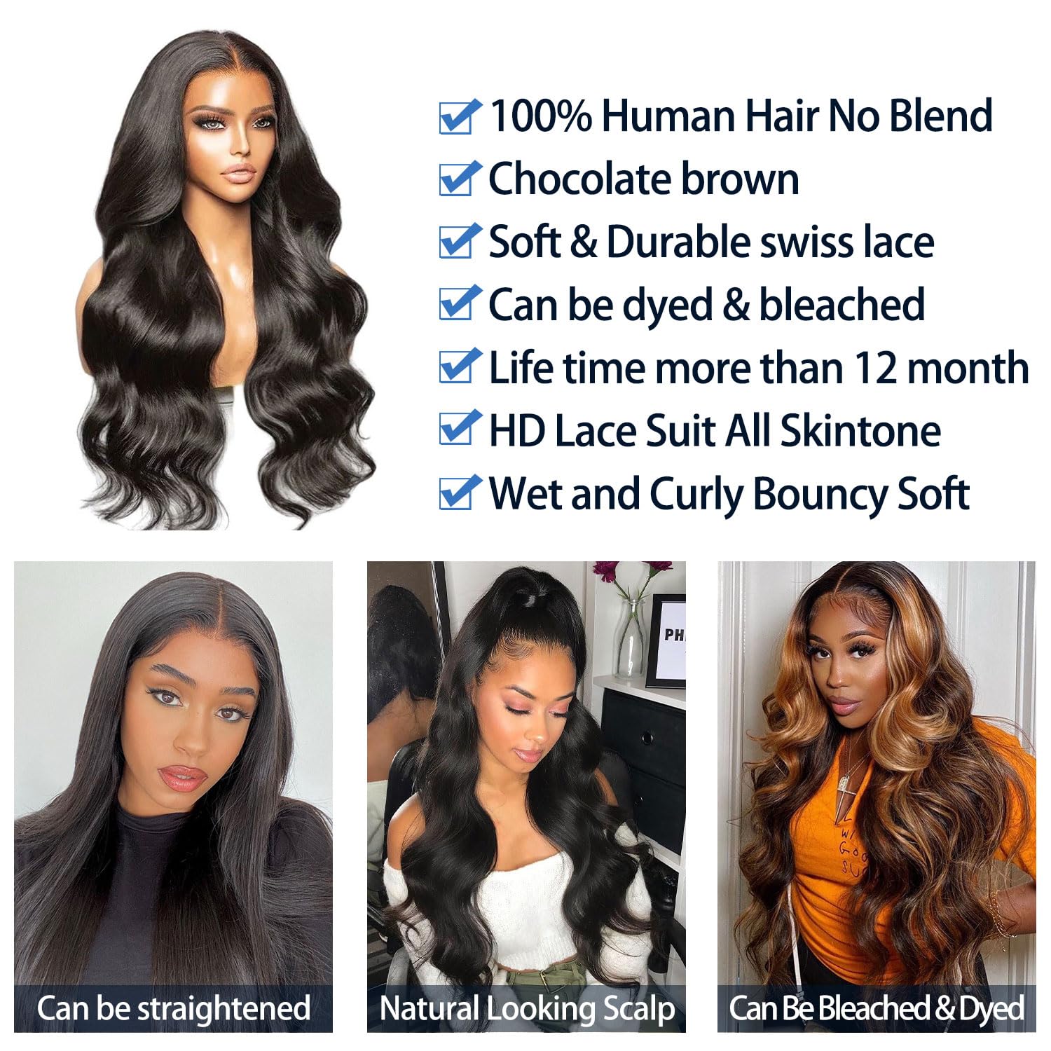 13x4 HD Lace Front Wigs Human Hair 34 Inch Body Wave Glueless Pre Plucked 180 Density Natural Black for Women - Perfect for Daily Wear, Parties & Special Occasions