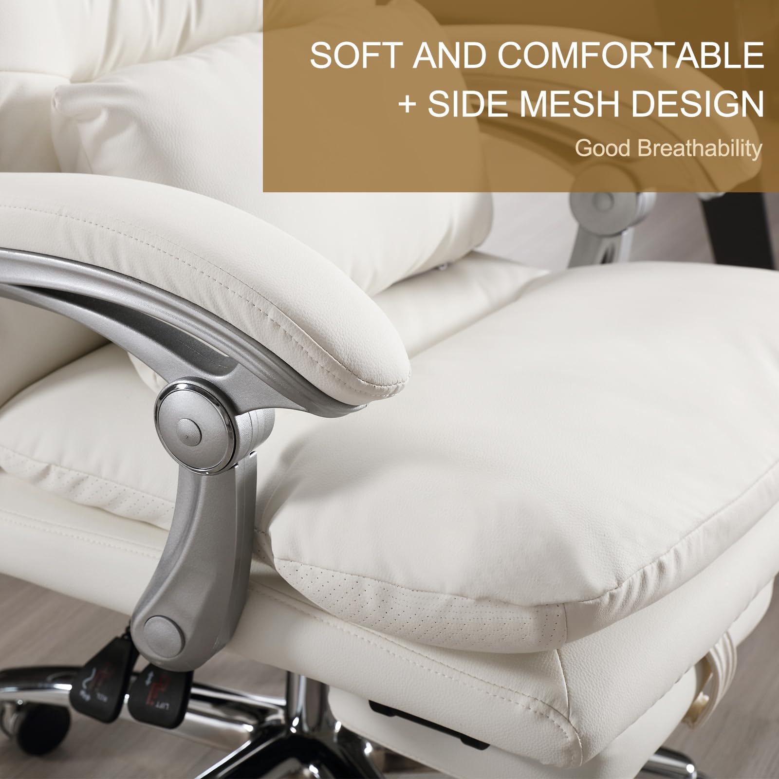 Ergonomic Office Chair with Footrest - High Back Executive Desk Chair with Padded Adjustable Armrests, Reclining Swivel Chair with Wheels & Double Thick Cushion for Comfort (Cream White) - Perfect for Home Office, Gaming, and Workspaces