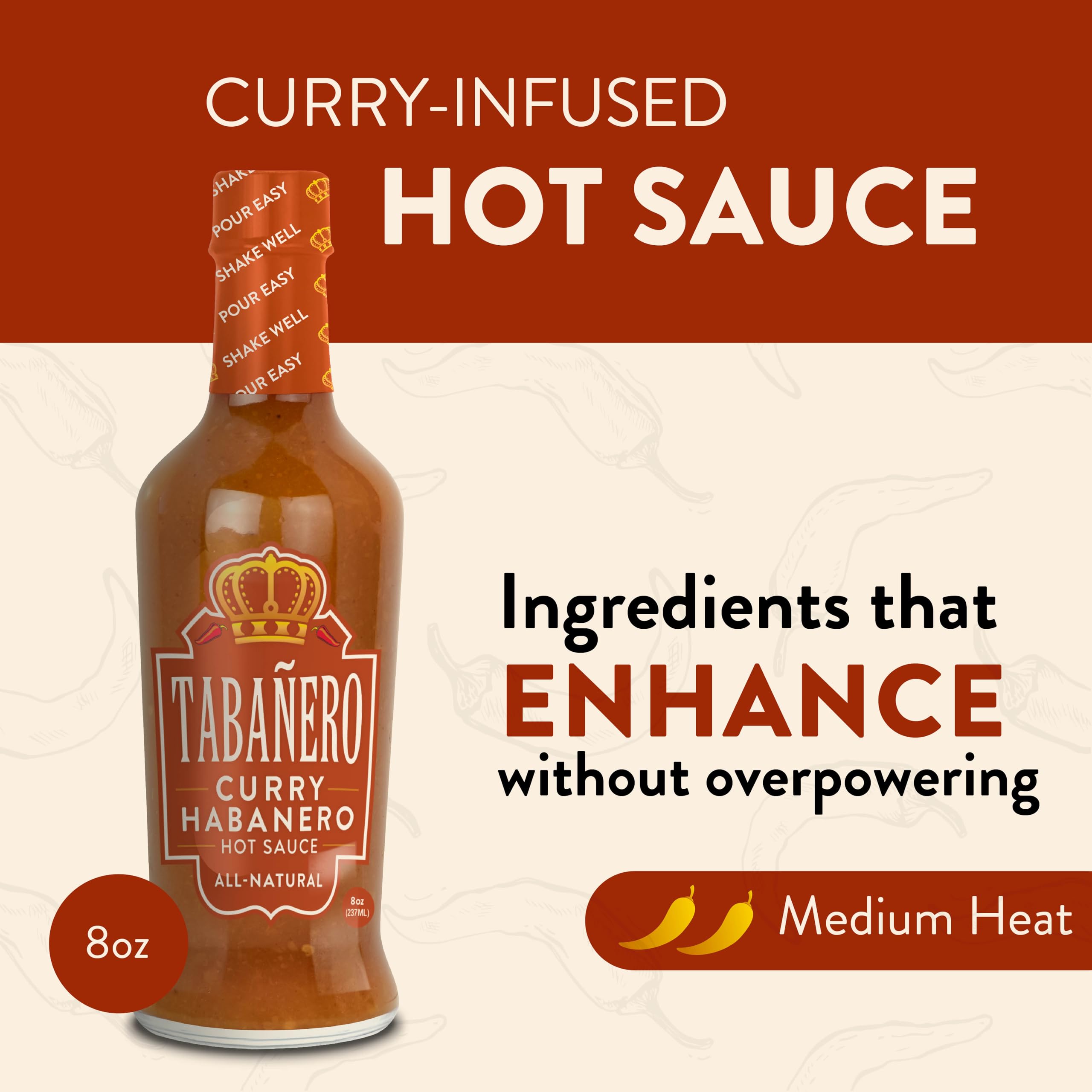**Tabañero Habanero Hot Sauce - All Natural, Gluten Free, Low Sodium, Vegan & Kosher - Made in USA - 6-Pack (8 Oz Bottles) - Perfect for Tacos, Wings & Spicy Recipes**