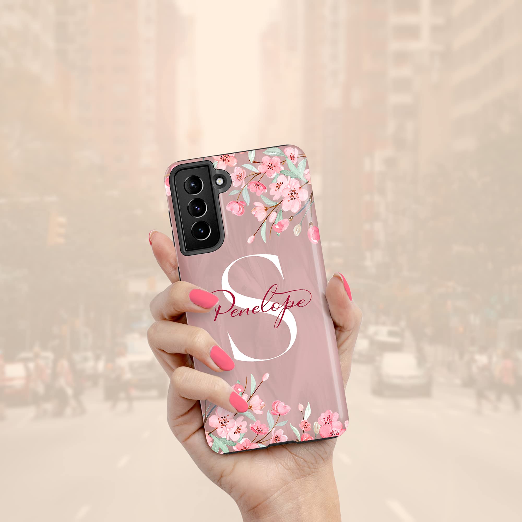 Custom Cherry Blossom Monogram Phone Case - Personalized Name Initial Cover for Samsung Galaxy S25 Plus/S24 Ultra/S23/S22/S21/S20/S10/S9/S8/Note 20/10 - Perfect Gift for Women, Girls & Teens (Floral Design, Slim Fit Protection) - Ideal for Everyday Use, Travel & Special Occasions
