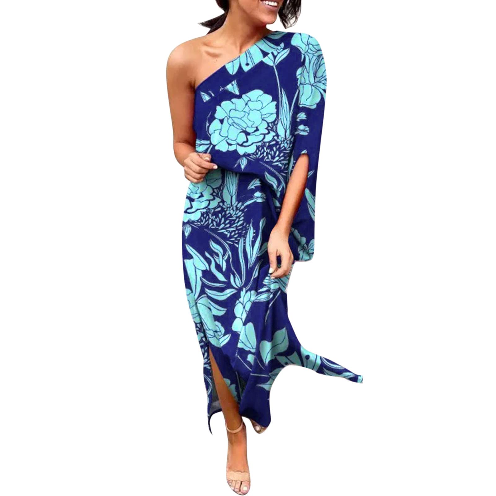 Women's Long Sleeve Summer Dress - Floral Print One Shoulder Ruched Short Maxi Denim Shirt Dress for Beach, Vacation & Casual Outings